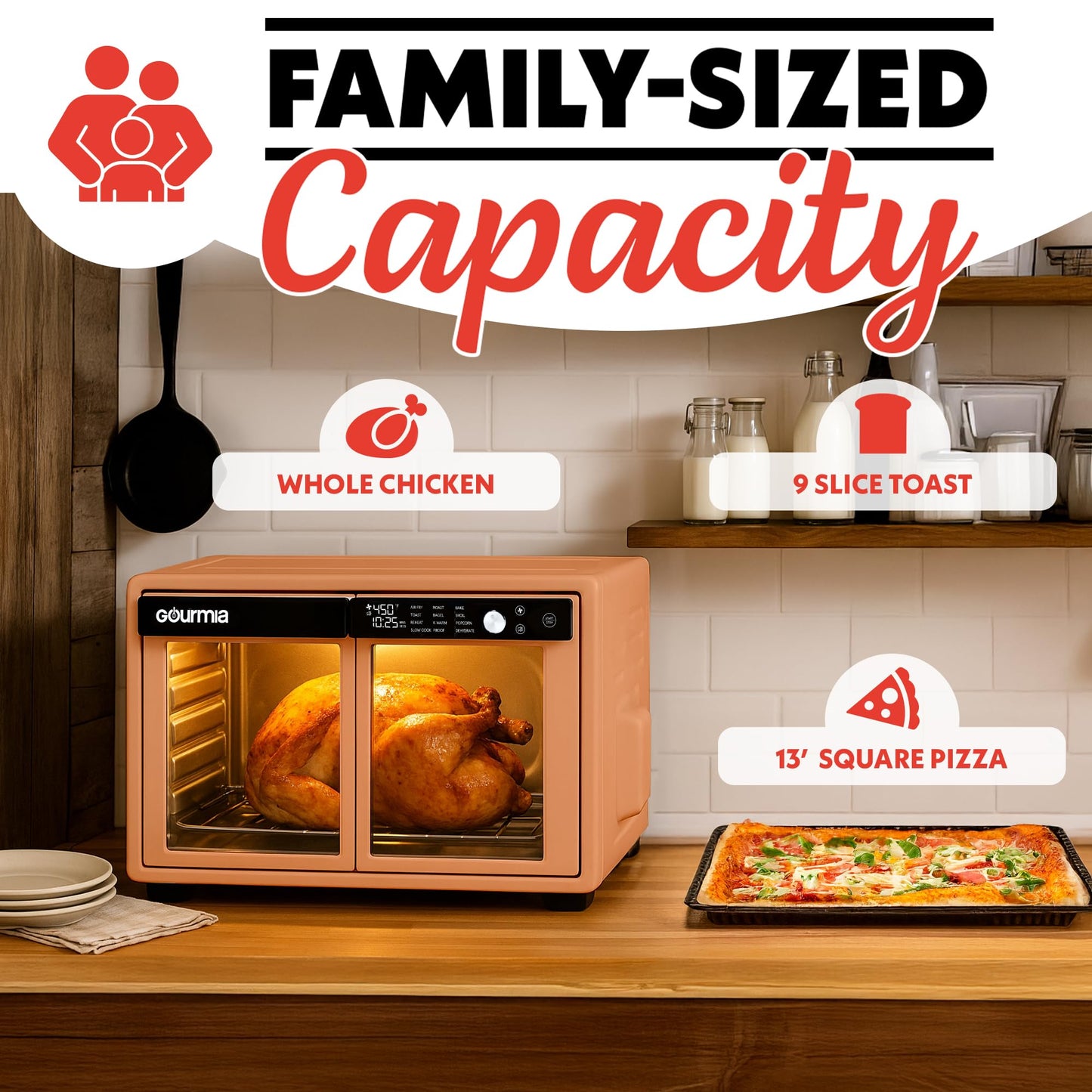 Gourmia French Door Air Fryer Oven - 37 Qt Large Capacity Convection Toaster Oven, FryForce 360°, Digital Display, 12 Cooking Presets, Dehydrate, Fits 13” Pizza, Dishwasher-Safe, Peach