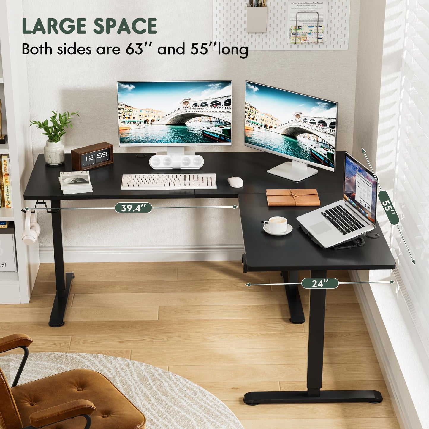 Furmax L Shaped Standing Desk with 2 Preset Heights, Electric Height Adjustable Computer Table, 2 Hooks & Feet Balance, Corner Sit Stand Desk for Home Office