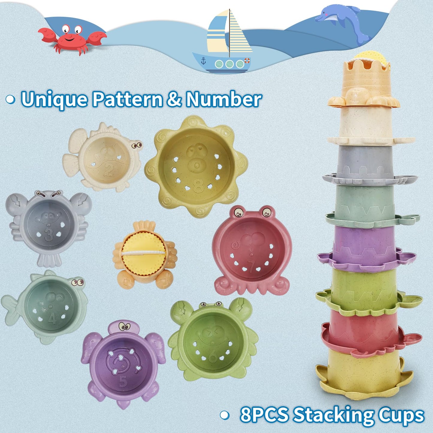 SLTBEH Baby Bath Toys for Toddlers 1-3, 14 Pcs Bathtub Toys for for Kids Age 2-4,Mold Free Bath Boat with Stacking Cup & Watering Can , Water Table Toys for Infants Boys Girls Babies 6-12-18 Months
