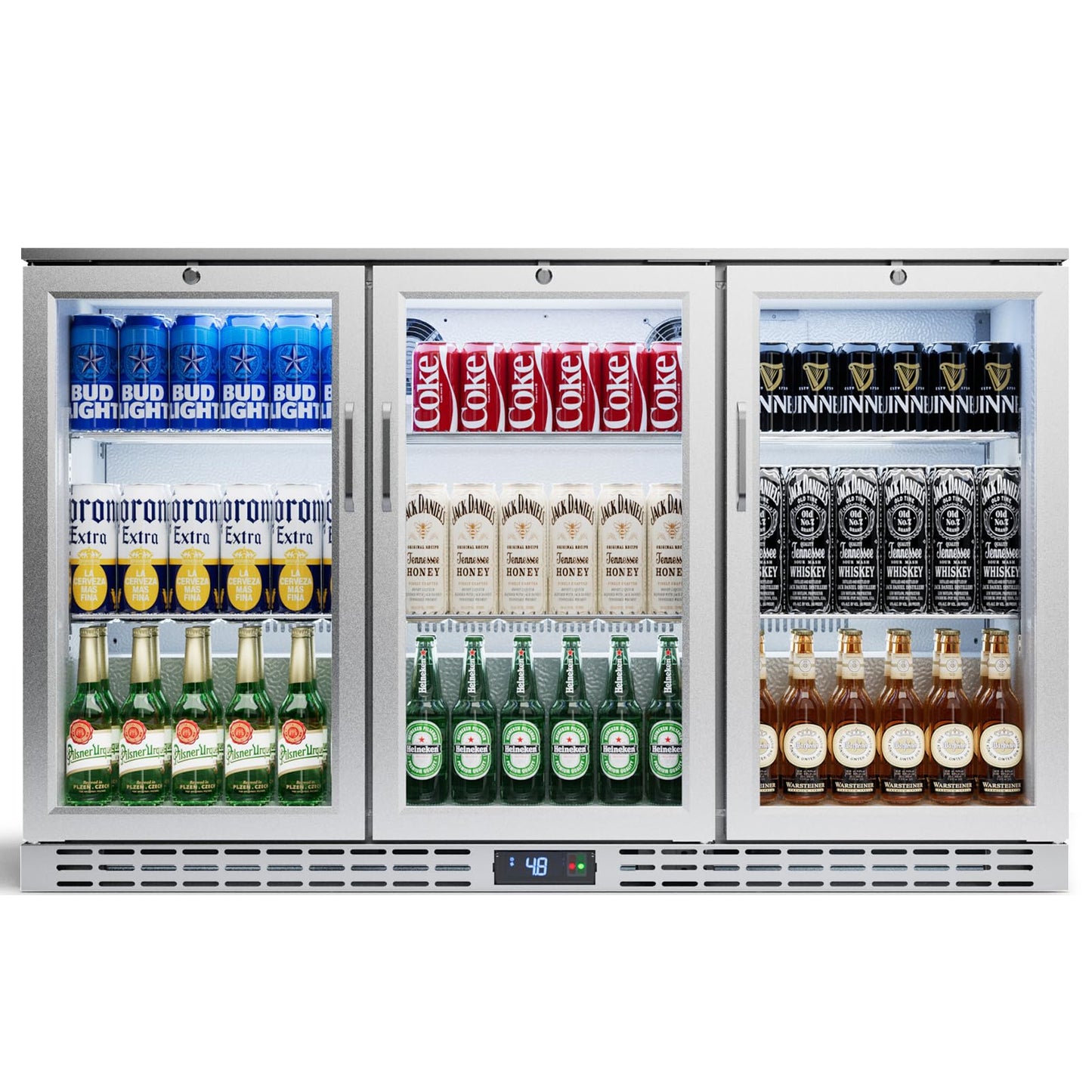 53 inch 11.7 cu.ft Back Bar Cooler Commercial Counter Height Beverage Refrigerator with 3 Glass Doors & LED Lighting, Stainless Steel Beer Fridge for Home Bar Restaurant, Sliver, 115V, ETL Approved