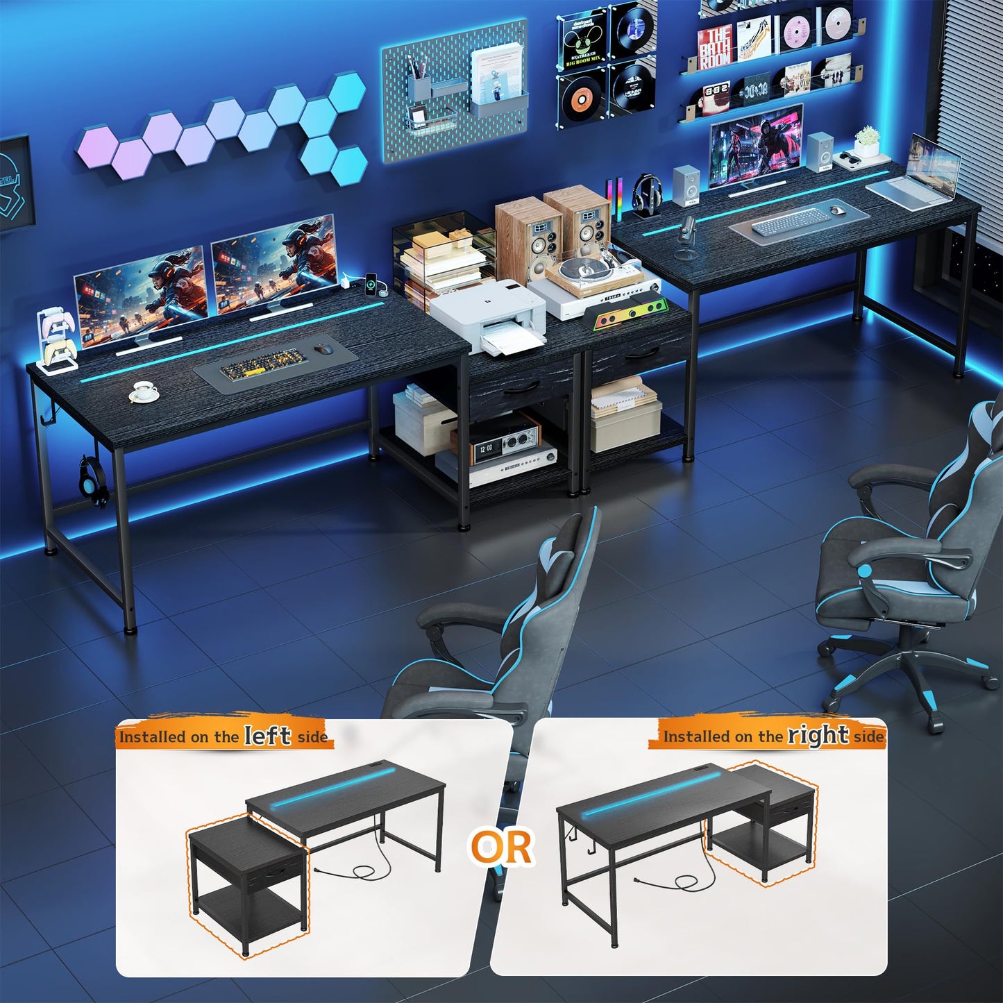 DurayLoly 56 Inch Gaming Desk with Drawers and Shelf,Reversible Computer Desk with LED Lights and Power Outlets,Study Table with Hooks for Headphone,Bags,Black Desk Work Desk for Bedroom,Dorm