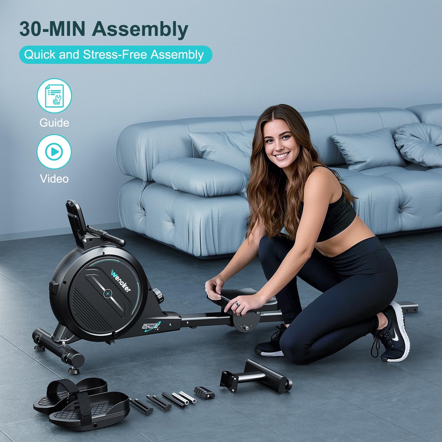 Rowing Machine,Wenoker Magnetic Rower Machine for Home,350 LB Weight Capacity, 16 Levels of Workout Resistance,Smooth Whisper Quiet with LCD Monitor Tablet Holder & Comfortable Seat Cushion,Blue