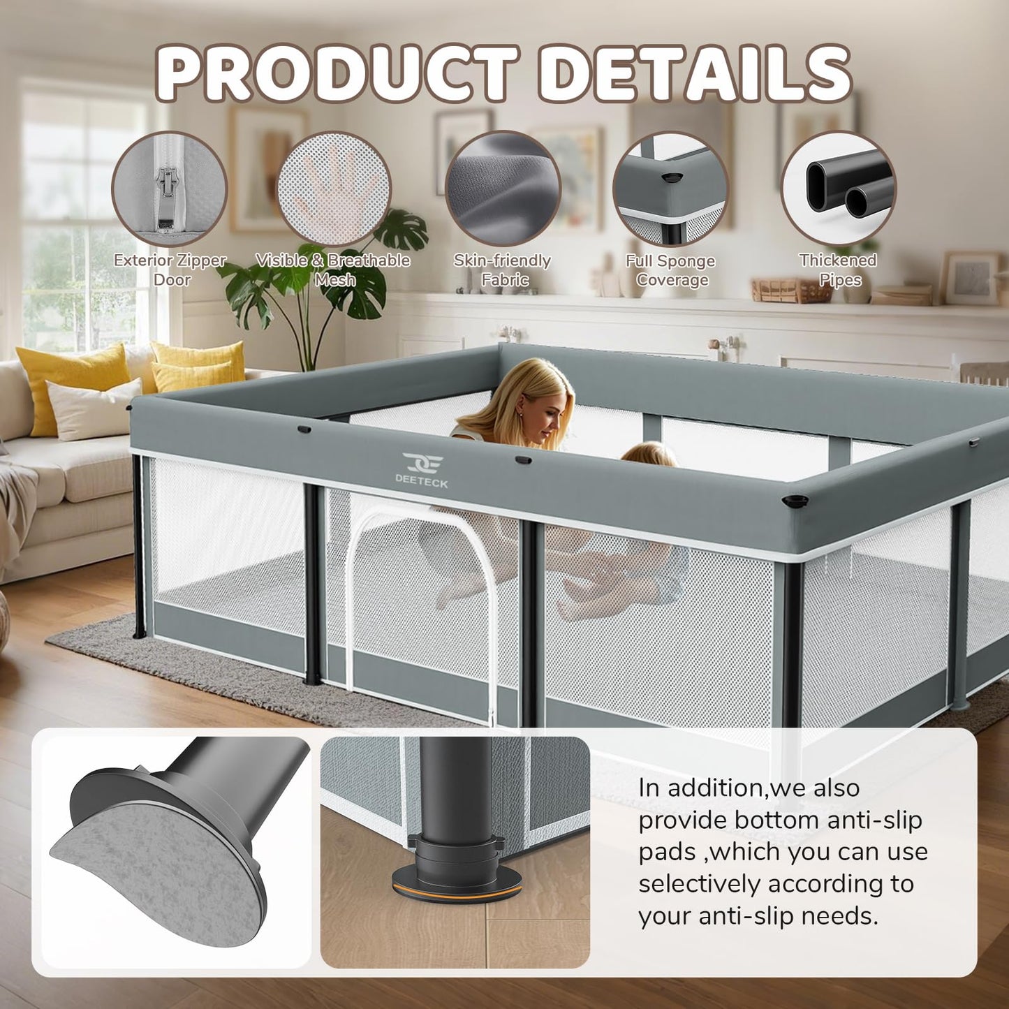 Foldable Baby Playpen with Mat - 74"X50" Large Play Yard for Babies and Toddlers - Indoor & Outdoor Portable Playpen with Storage Bag & 30 Ocean Ball - Baby Fence with Visible Mesh & Zipper Door,Grey