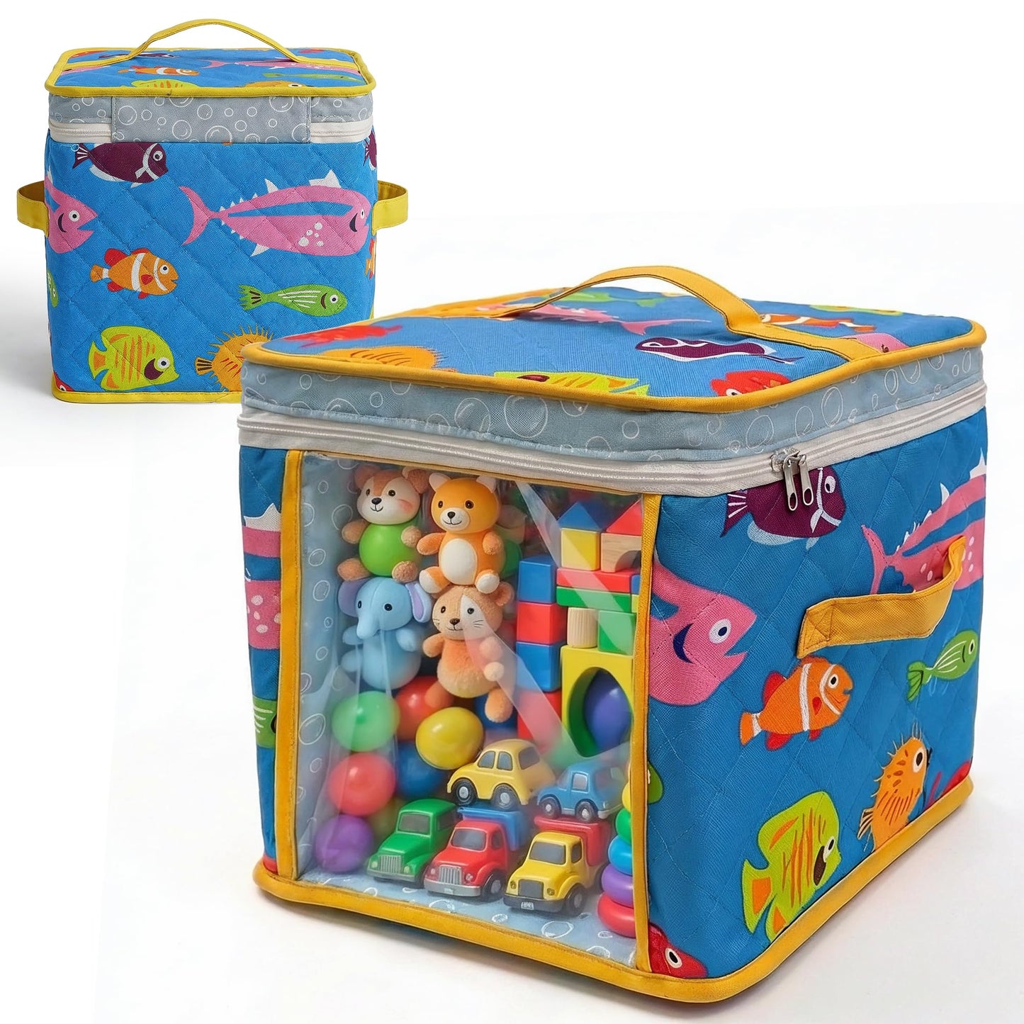 Up North Goods 12" Soft Side Zipper Toy Storage Bag, Quilt Pattern Cloth Cube, Reusable, Clear Bag, Playroom, Bedroom & Puzzles Board Game Organizers And Storage Bin, Fish & Bubbles Design