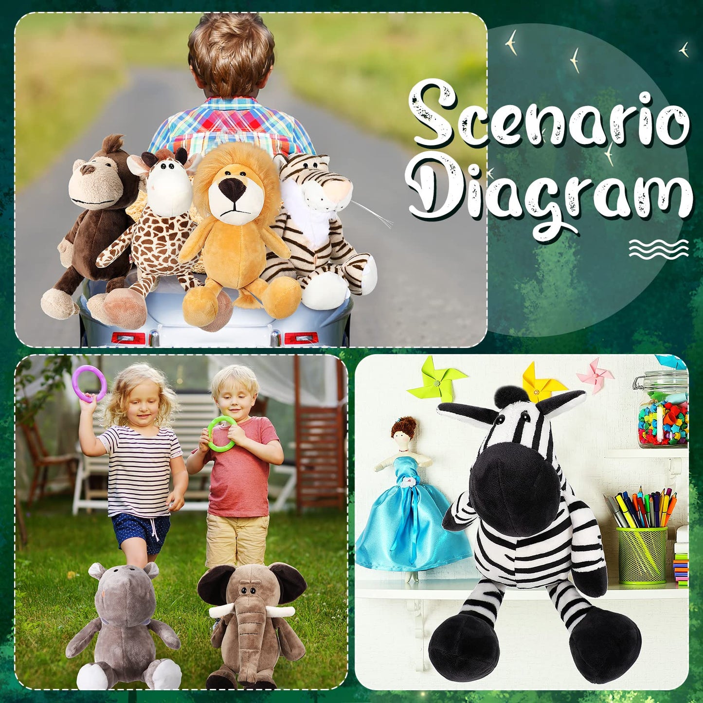 HyDren 20 Pcs Safari Stuffed Animals - 11.8'' Plush Jungle Wild Animals Cute Elephant, Giraffe, Lion, Tiger, Monkey Stuff Animals Soft Plush Animals in Bulk - Toy for Toddler, Baby Jungle Party