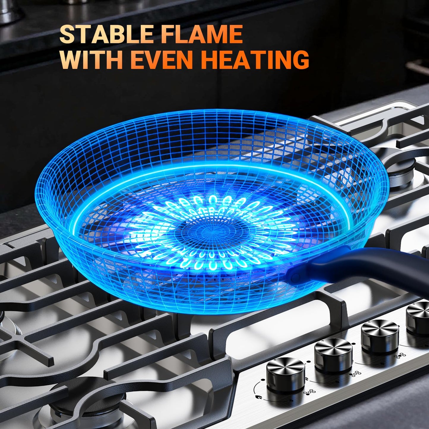 Gas Cooktop 36 Inch ROVLEP, Gas Stove Top Built-in 5 Burners Stainless Steel Total 37,600 BTU, NG/LPG Convertible Propane Cooktops Dual Fuel, RV Stove Top with Thermocouple Protect (36 INCH)