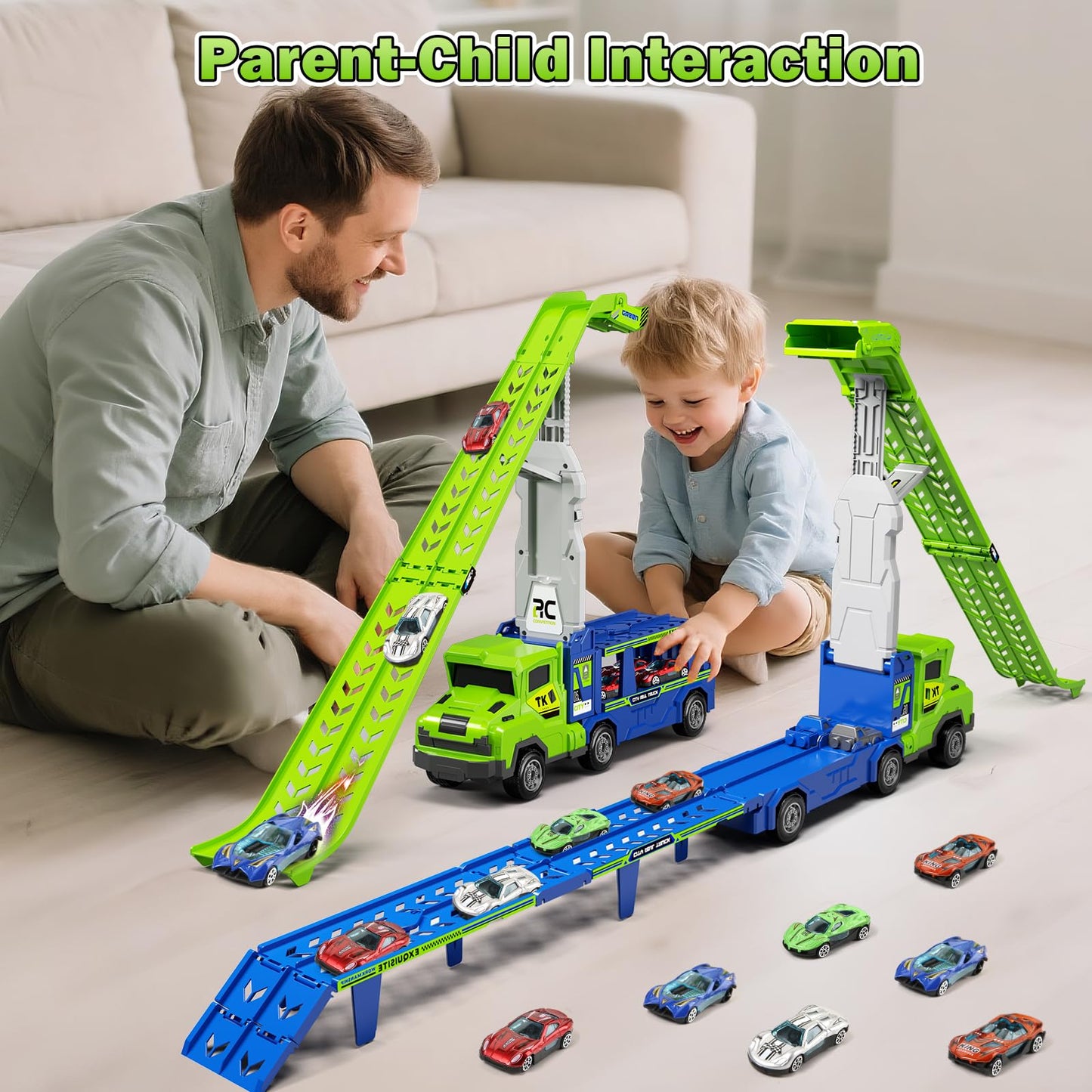 BainGesk Truck Car Toys for 3, 4, 5, 6 Years Old Boys Girls, 3 in 1 Carrier Truck with 2 Foldable Race Tracks, Transport Car with 6 Metal Cars, Birthday Toys Gifts for Toddlers