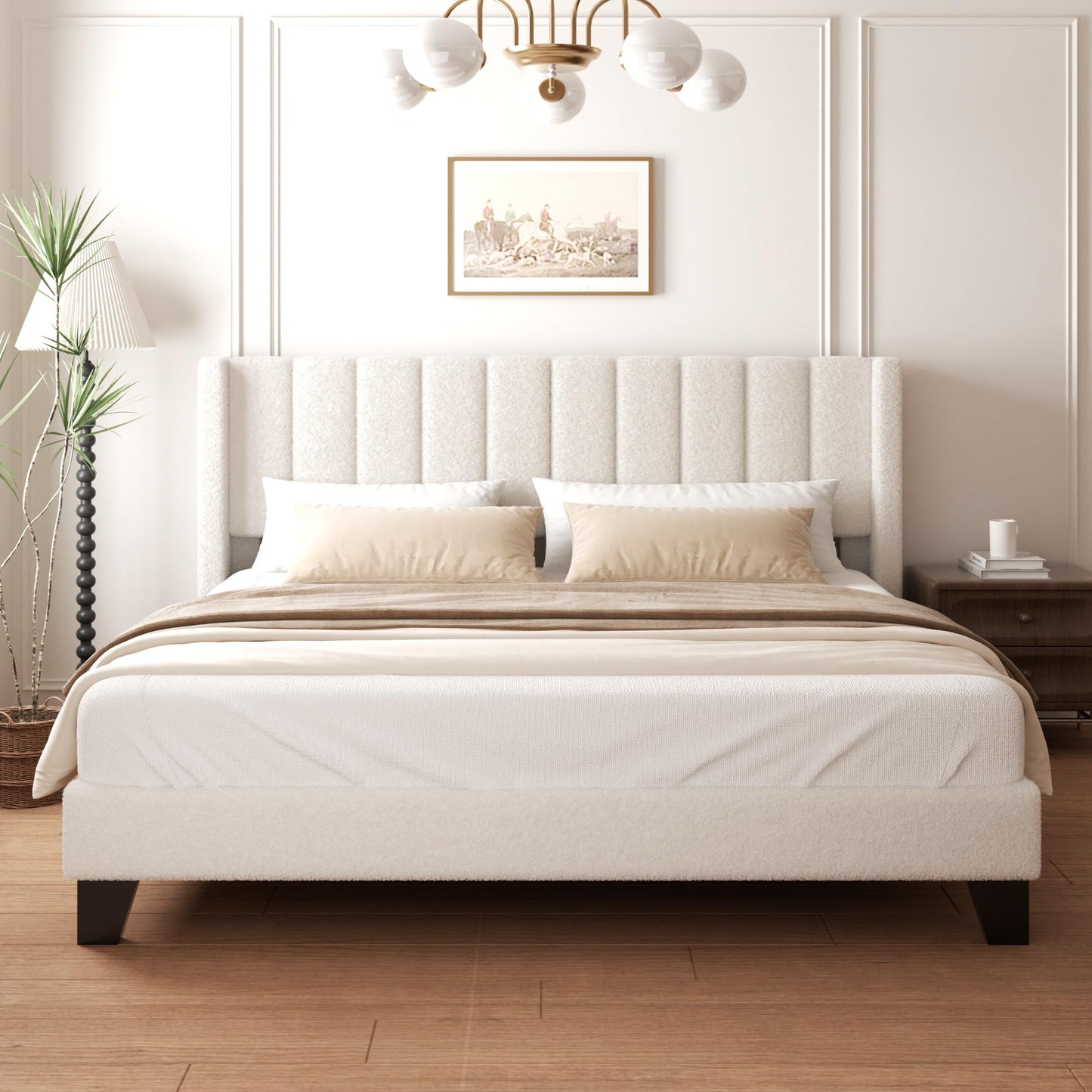 wirpexhowak King Bed Frame with Headboard Upholstered Platform Bed Frame with Teddy Velvet Headboard, Wooden Slats Support/Wing Edge Design/No Box Spring Needed/Easy Assembly, Beige King