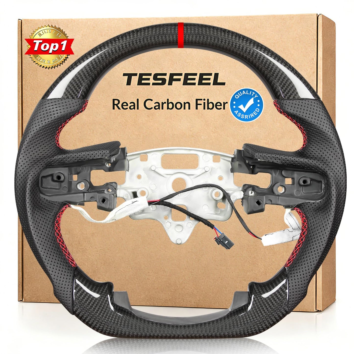 TESFEEL Heated Real Carbon Fiber Steering Wheel for Chevy Silverado 1500 2500 3500 (2019-2025), D-Shape Flat Bottom, Nappa Leather&Hand-Stitching, Fits Models with Factory Heating & Paddle Shifters