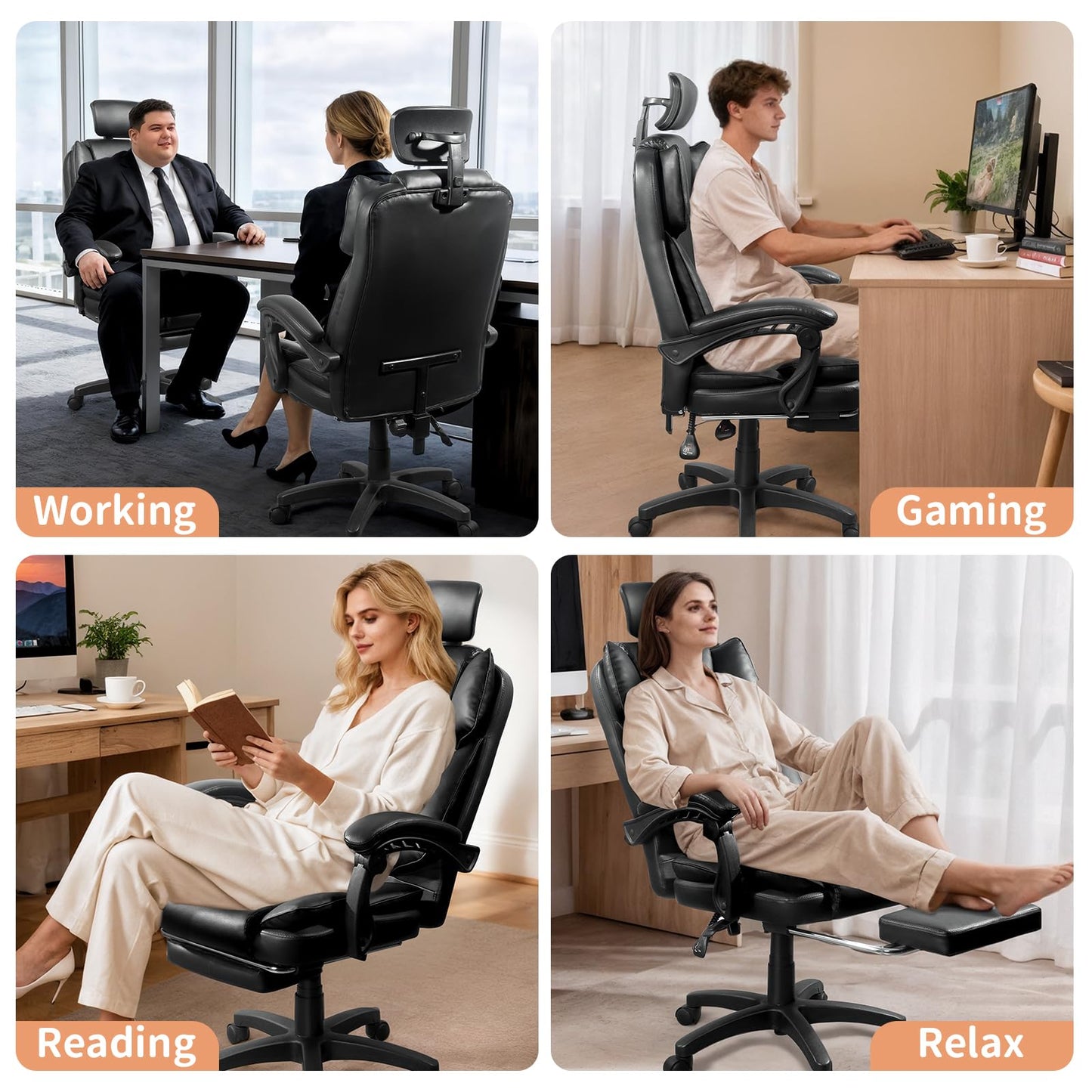 Big and Tall Office Chair Comfy Ergonomic Leather Computer Desk Chair with Headrest High Back Reclining Executive Chair with Footrest, Black