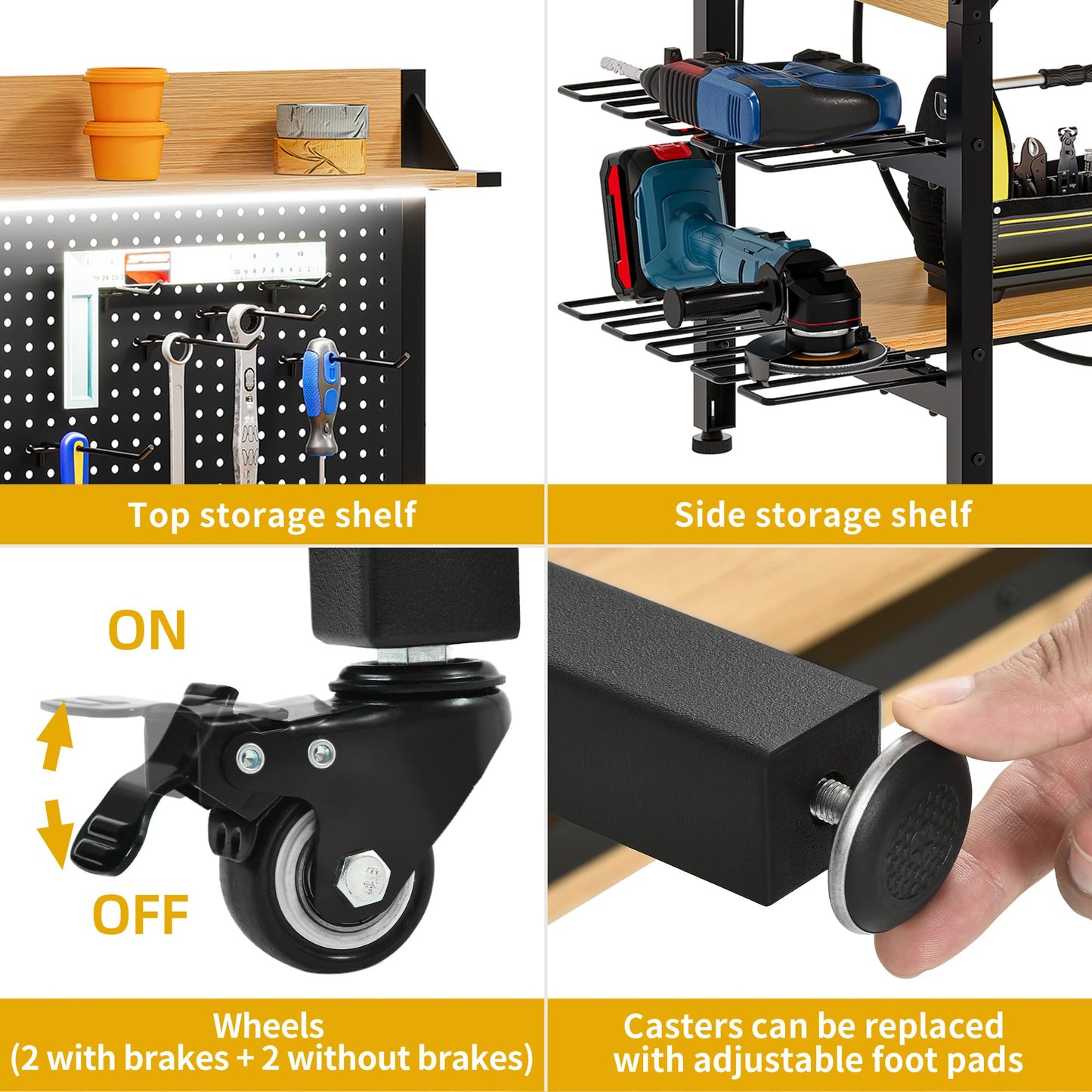 DWVO 47.2" Adjustable Height Workbench with Pegboard and Storage Shelf, Heavy Duty Work Bench with Wheels, Load 1100lb, Work Table with AC/USB Outlet, LED Light, Hooks, for Garage, Workshop, Home