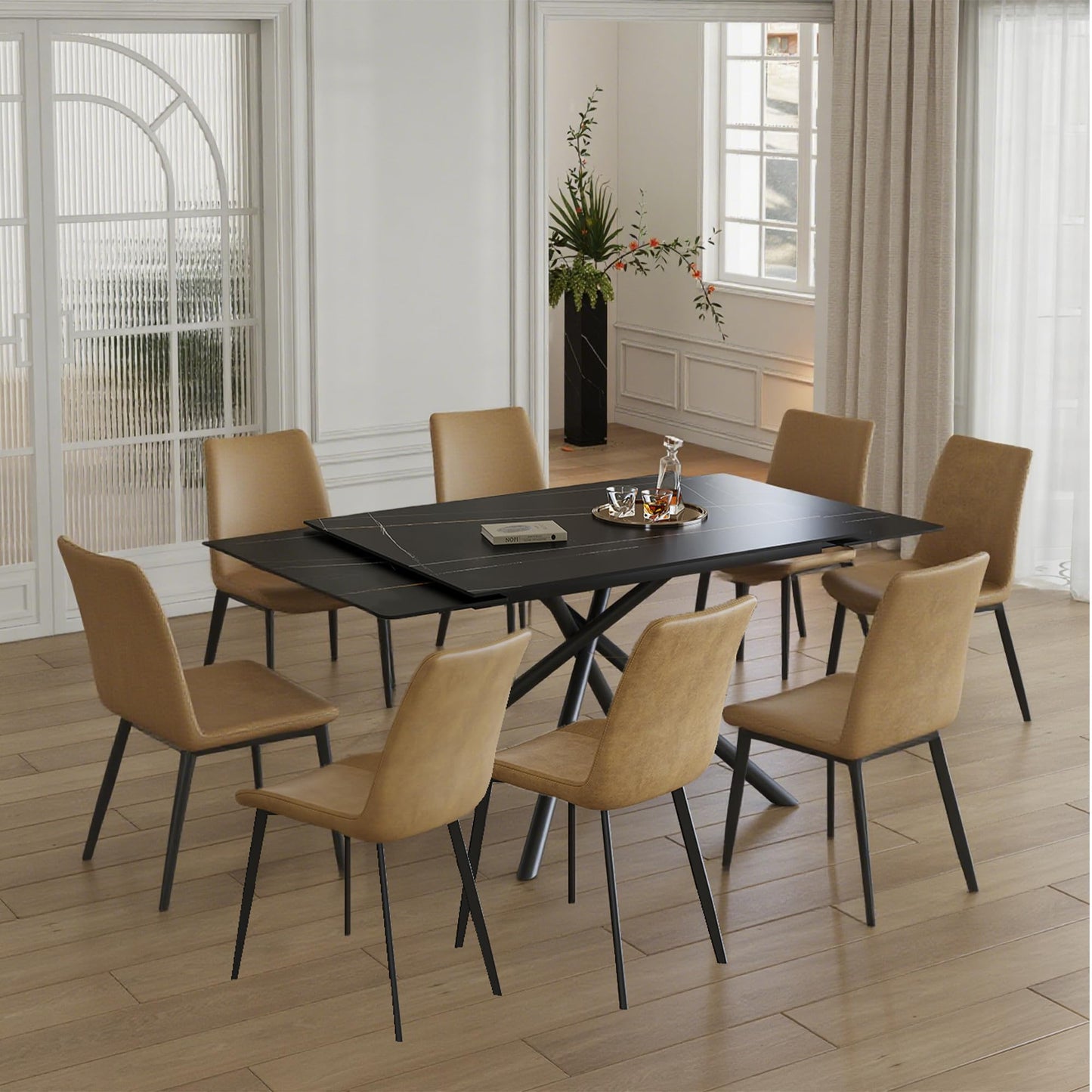 Runboll Extendable Rectangular Dining Table Set for 8, 47"-71" Modern Sintered Stone Kitchen Table with 8 Chairs and Carbon Steel Legs for Dining Room Family Gathering