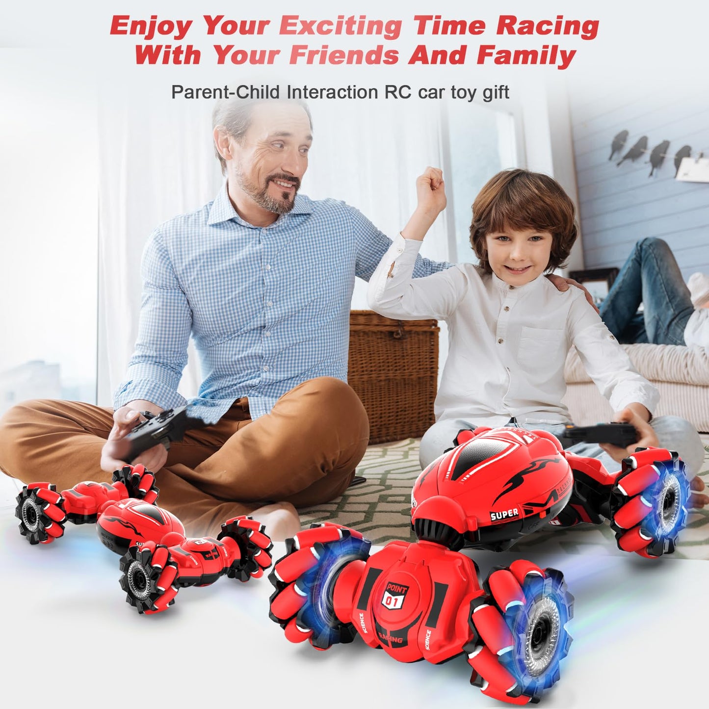 Fosgoit RC Car Toys for Boys Girls 6-12, Birthday Xmas Gifts for 6 7 8 9 10 11 12 Years Old, Gesture Sensing RC Stunt Car with Lights Music 2.4GHz 4WD Hand Remote Control 360° Rotate All-Round Drift
