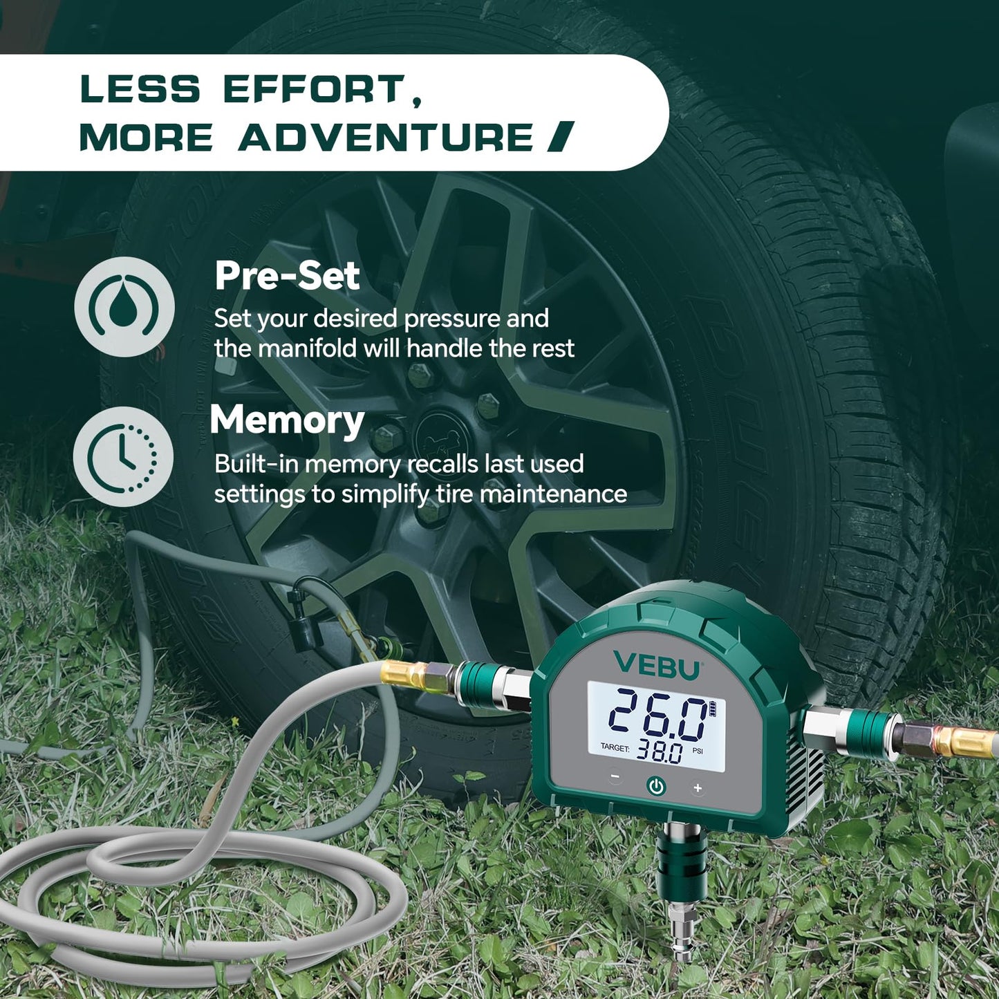 VEBU Auto Shut Off Tire Deflation Inflation Controller, 5-150PSI Air Pressure Manifold with Preset, Memory & Digital Display (Air Hose not Included)