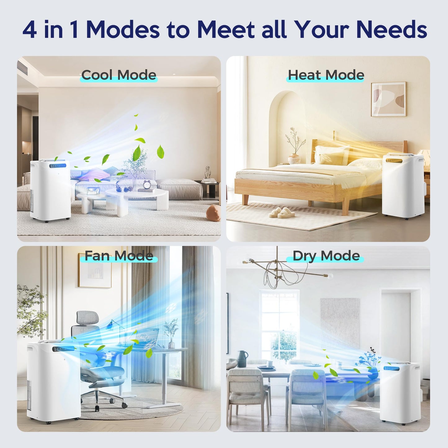 Humhold 14000 BTU Portable Air Conditioners with Heater, Remote Control, 4-in-1 Free Stand Smart Cooling AC Unit with Heating, Dehumidifier, Fan Mode for 550 to 700 sq.ft Room,Auto Swing,Timer,White