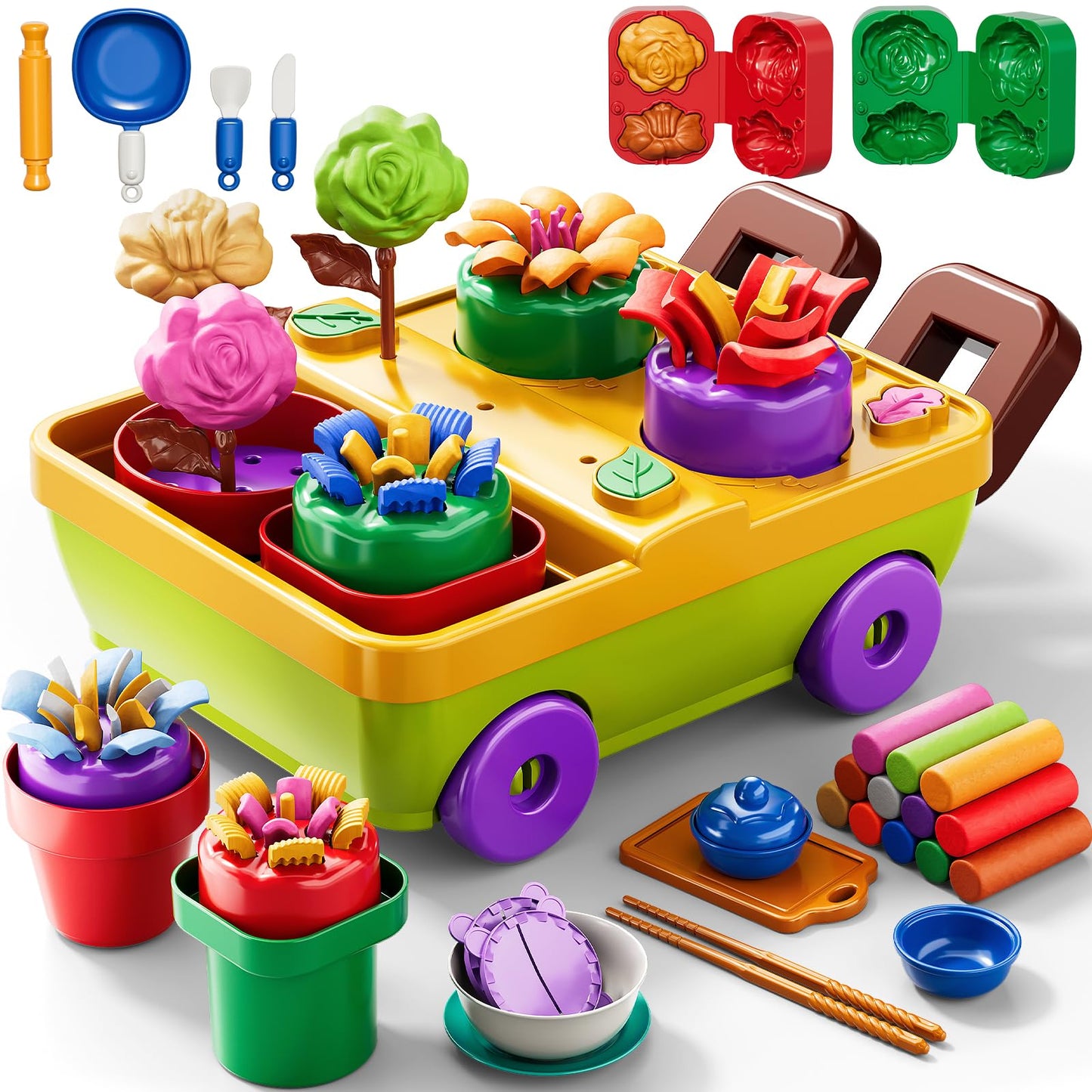JUKUDAHU 50PCS Play Clay Set Blooming Flower Garden Toy Playset for Kids 3-5, DIY Nature Kits, Pretend Kitchen Toys Accessories with Cart, Toy Dishes, Gifts for Girls Boys Toddlers Ages 3 4 5 6 7 8 9