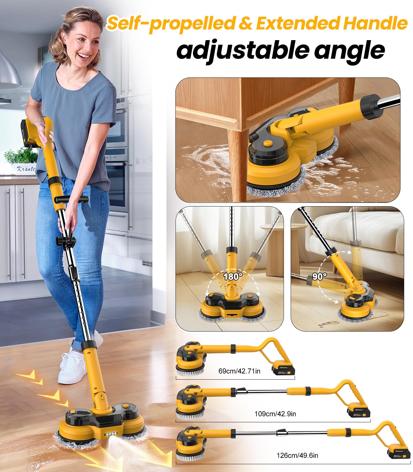 qimedo 6000mAh Battery Electric Mop M1, 800RPM Cordless Electric Power Scrubber & Mops for Floor Cleaning, Best Automatic Spin Mops with Smart Display,Rotating Mop with LED Light & Water Spray