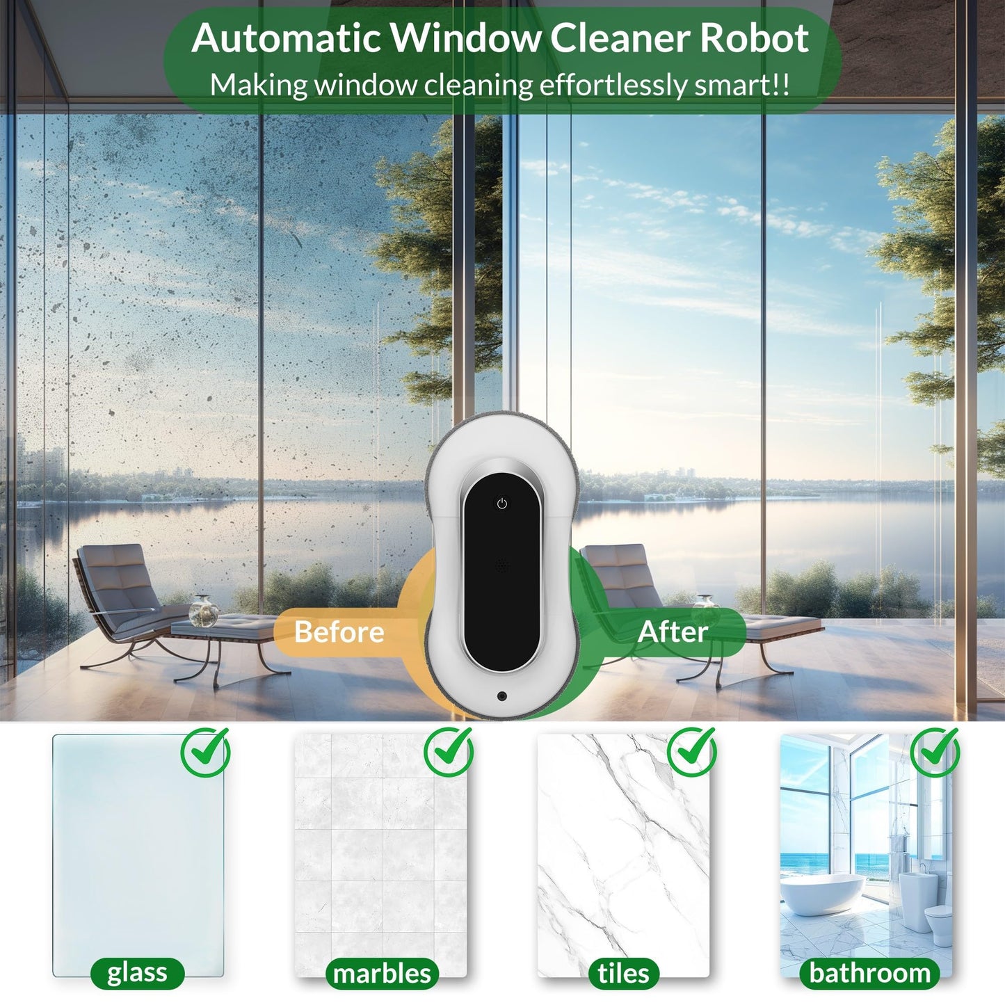 Smart Winbot,Window Cleaning Robot with Dual Water Spray, Automatic Window Cleaner Robot for Windows/Tiles/Glass Door,3000Pa Suction Power, Edge Detection Technology,APP&Remote Control Washer