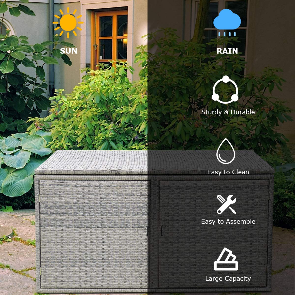 RELAX4LIFE PE Wicker Storage Box - Outdoor 88 Gallon 2-Tier Deck Box for Patio Furniture Toys Storage w/Lid & Front Doors, All Weather Rattan Storage Bin for Backyard Garden Poolside Porch (Grey)