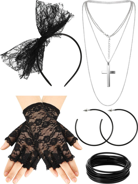 Blulu 80s Fancy Dress Costume Accessories Lace Headband Earrings Fishnet Gloves Necklace Bracelet for 80s Retro Party
