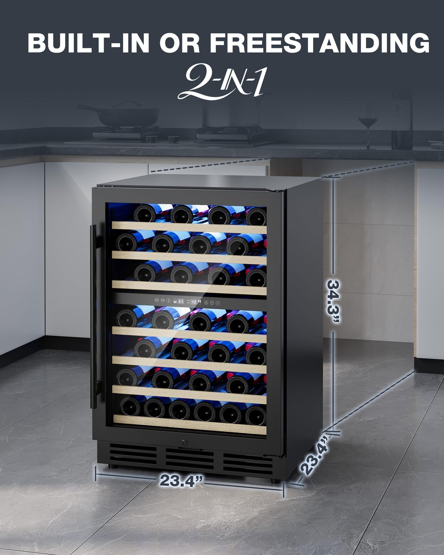 24 Inch Dual Zone Wine Fridge, 55-Bottle Wine Fridge Under Counter with Glass Door for Built-In or Freestanding, Wine Cooler Refrigerator with Removable Wooden Shelves, for Home/Bar/Office (Black)
