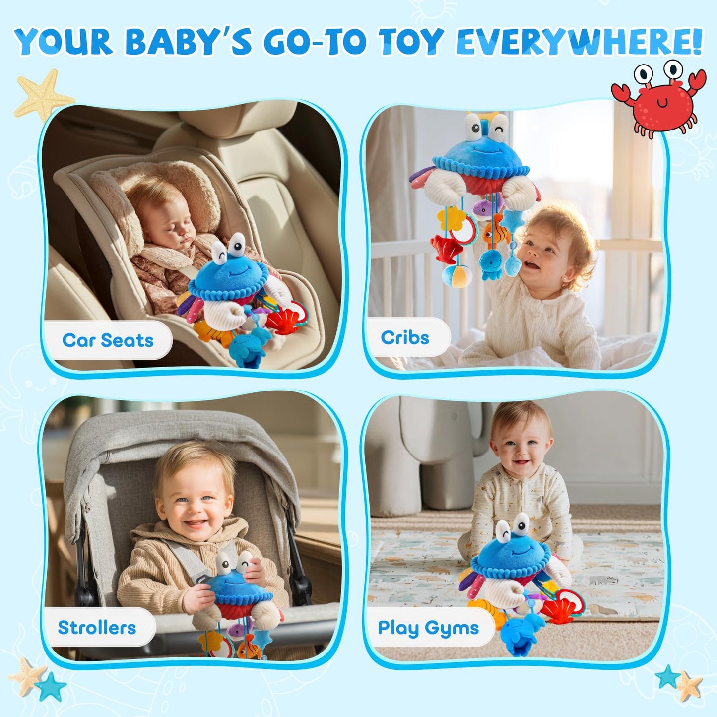 Car Seat Toys for Babies 0-6 Months, Hanging Sensory Crab Plush Toy for Stroller, Crib & Play Gym, Clip-On Montessori Infant Activity Toy with Mirror, Rattle & Teether, Newborn Baby Gifts 0-12 Months