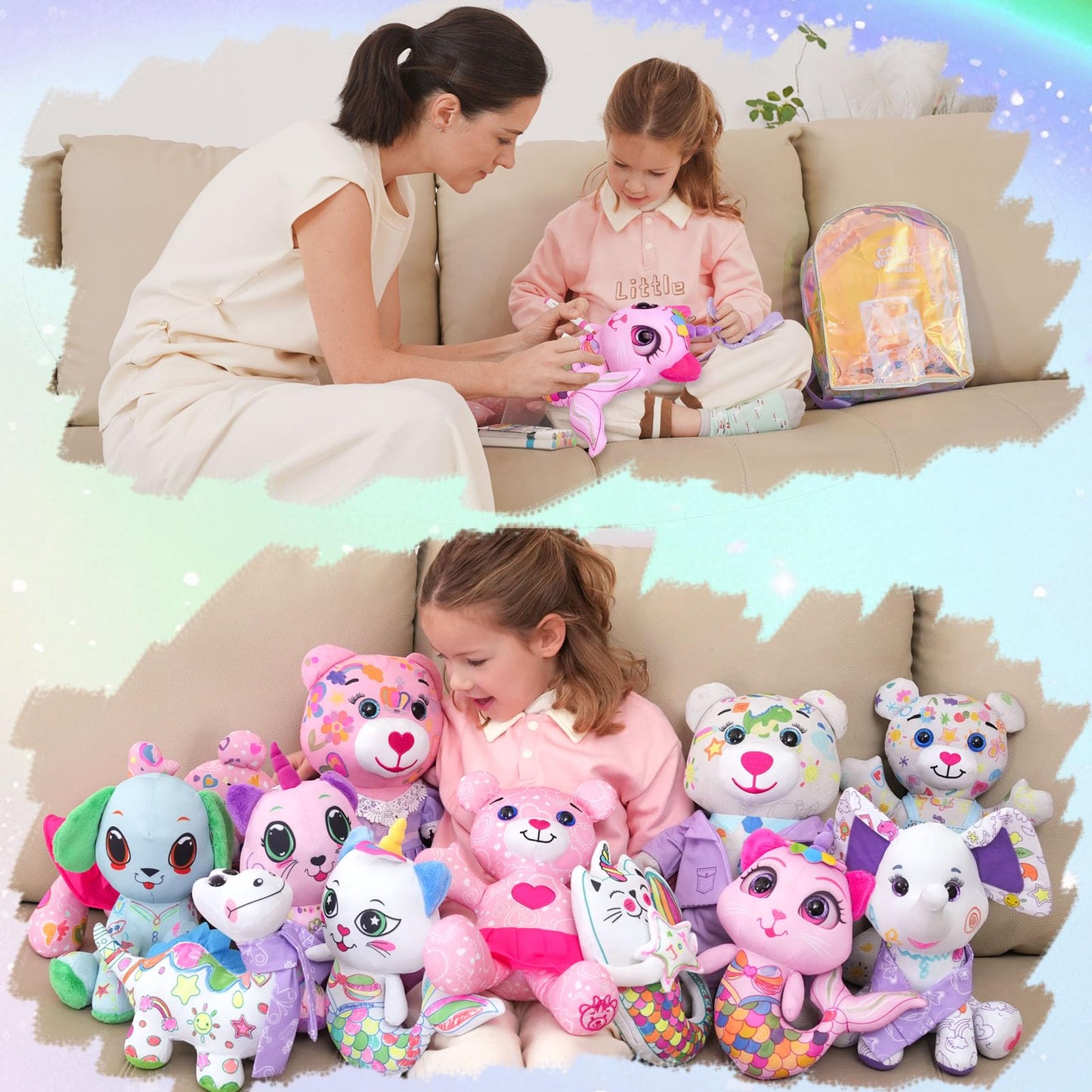 Stuffed Animal Coloring Plush Toy with 20 Washable Markers Laser Holographic Backpack Road Trip Car Game Writing Painting Set for Girls Doodle Dolls Kids Ages 3-6 Birthday(Pink Cat Mermaidr)