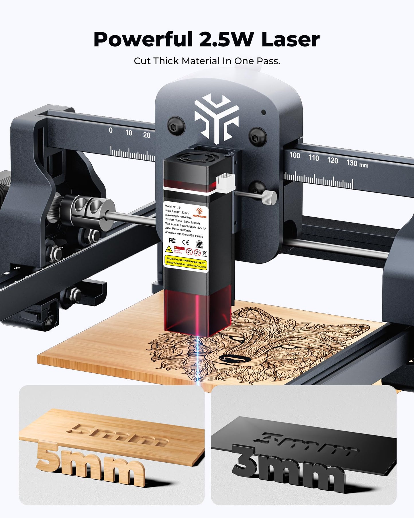 ACMER S1 Laser Engraver 6000mW, Compact Desktop Engraving & Cutting Machine for DIY Crafts, Small Business & Makers, 130×130mm Work Area, 0.04mm Detail Engraving for Wood, Acrylic, Metal Black