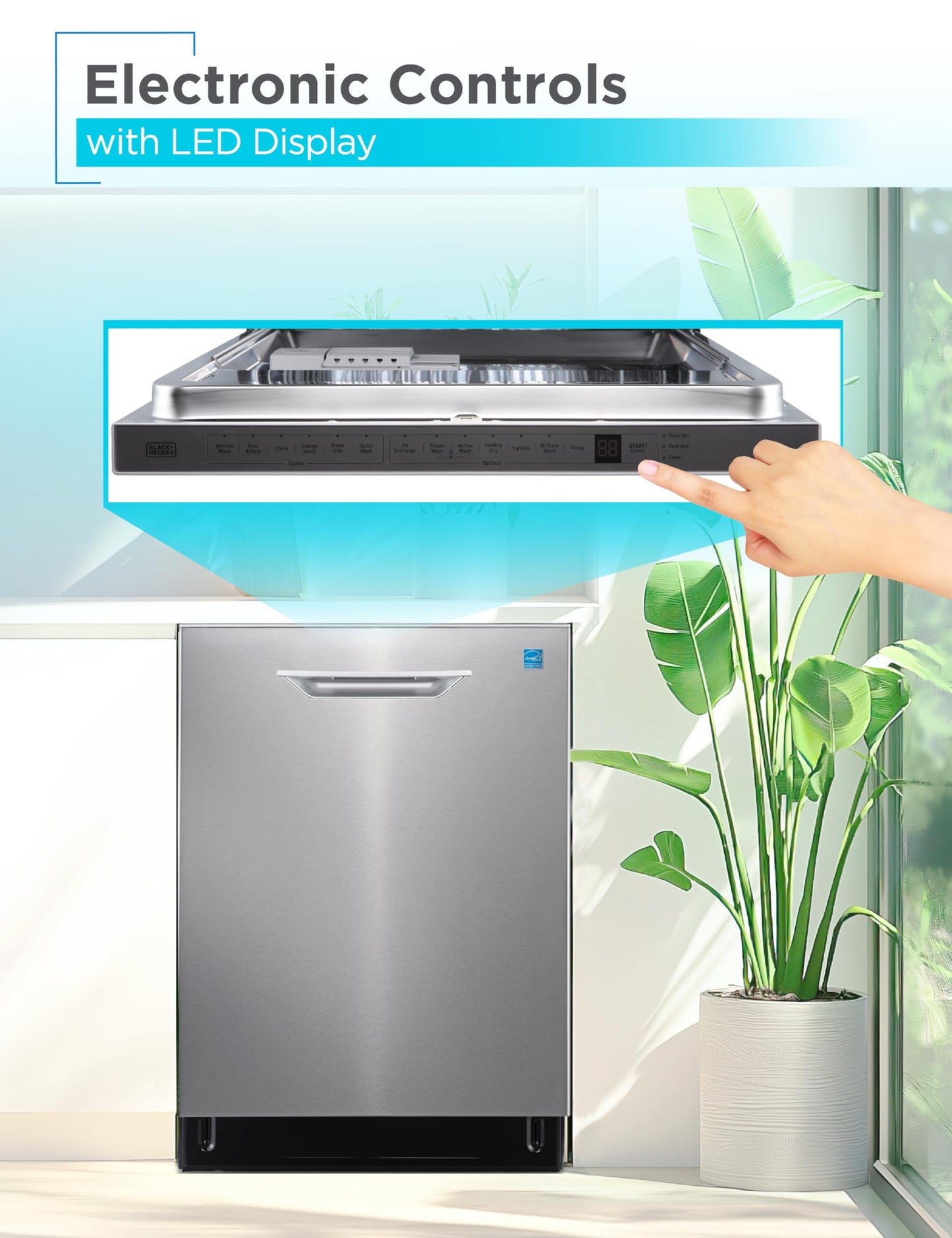 BLACK+DECKER 24" Designer Series Built-In Dishwasher, 14-Place Setting Capacity with Stainless Steel Tub, 6 Wash Programs and Smart Wash System, Low Noise, ENERGY STAR Certified, BDW400MS