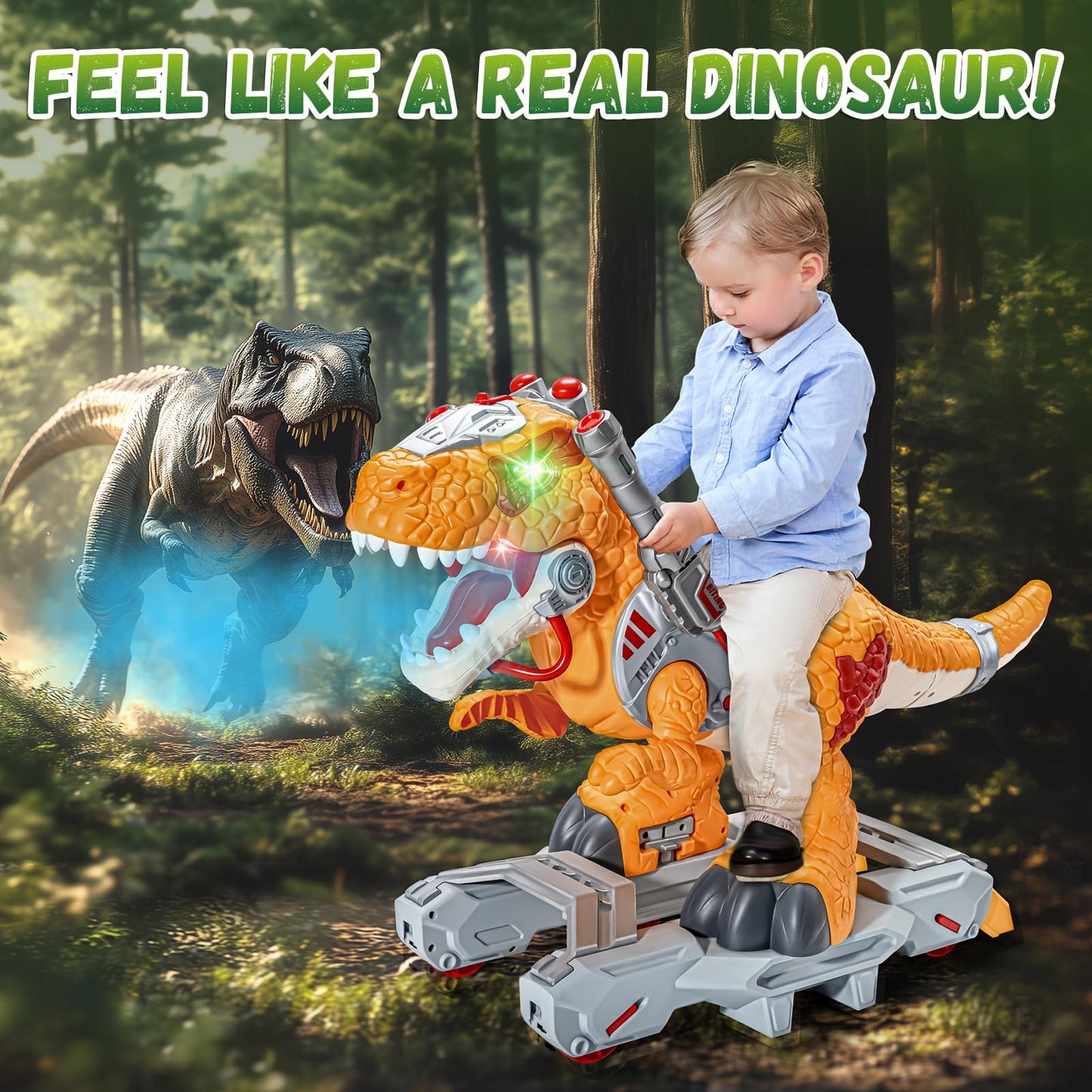Dinosaur Ride On Toy Cars for Kids, Toddler Electric Ride On Toys with Music, Light & Smoke, 3-5 Year Old boy Gift, Preschool Kids Scooter Foot-to-Floor Walker for Indoor Outdoor