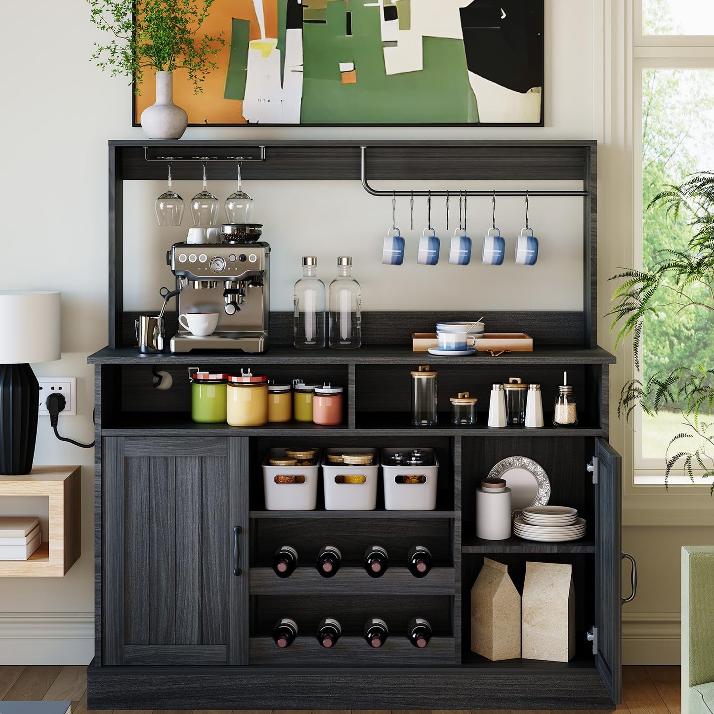 47 in Farmhouse Buffet Sideboard Cabinet with Power Outlets Coffee Bar Cabinet with Storage, Large Buffet Storage Cabinet Table with Wine Racks, Goblet Holder, Hooks for Kitchen, Dining Room, Grey