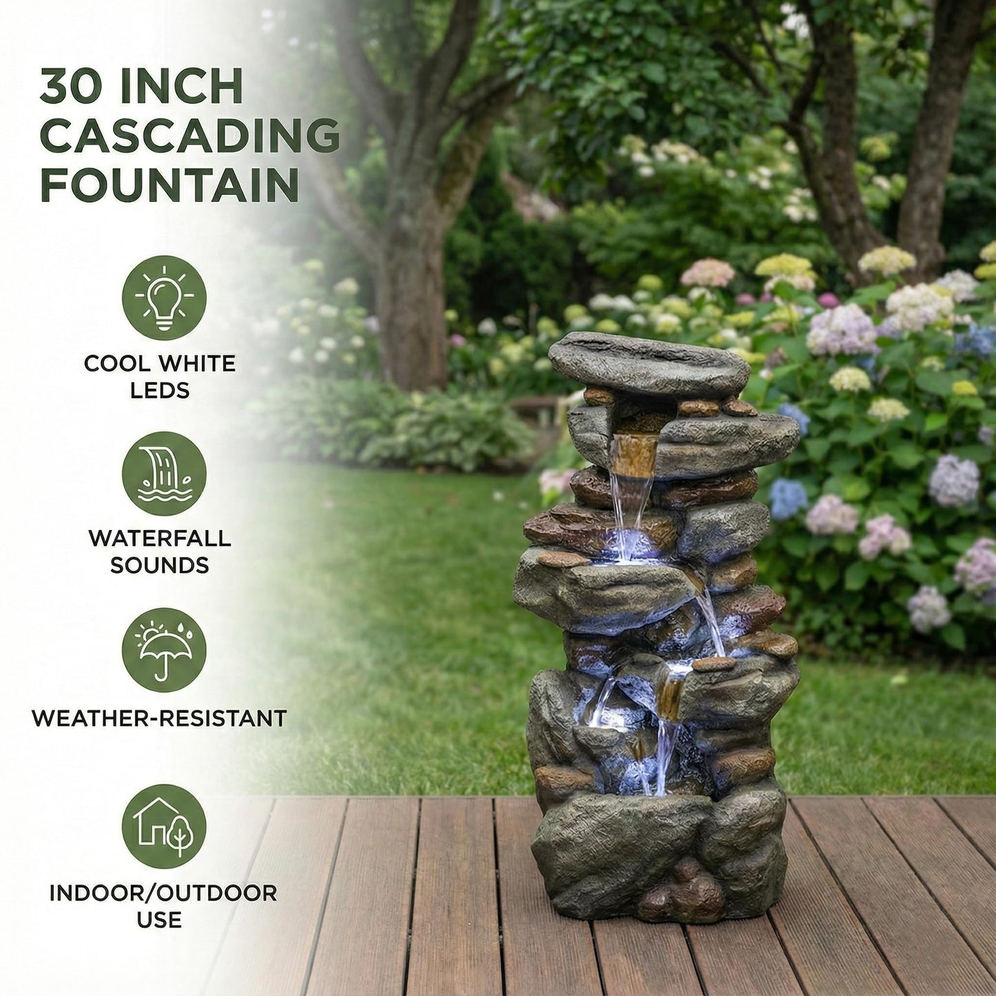 Outdoor Water Fountain Large - Stone Fountains with LED Light for Patio Yard Garden Backyard Decking Outdoor or Entryway Decor 30''