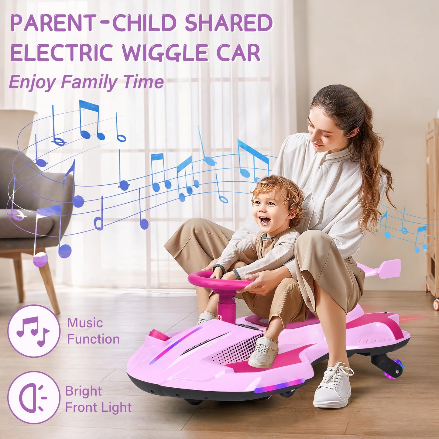 12V Electric Wiggle Car with Pedal for Kids, Rechargeable 2 in 1 Swing Car, Drifting Ride On Toys with Backrest, Anti-Rollover, Spray, Flashing Light, Music, for Ages 3 and Up (Pink)