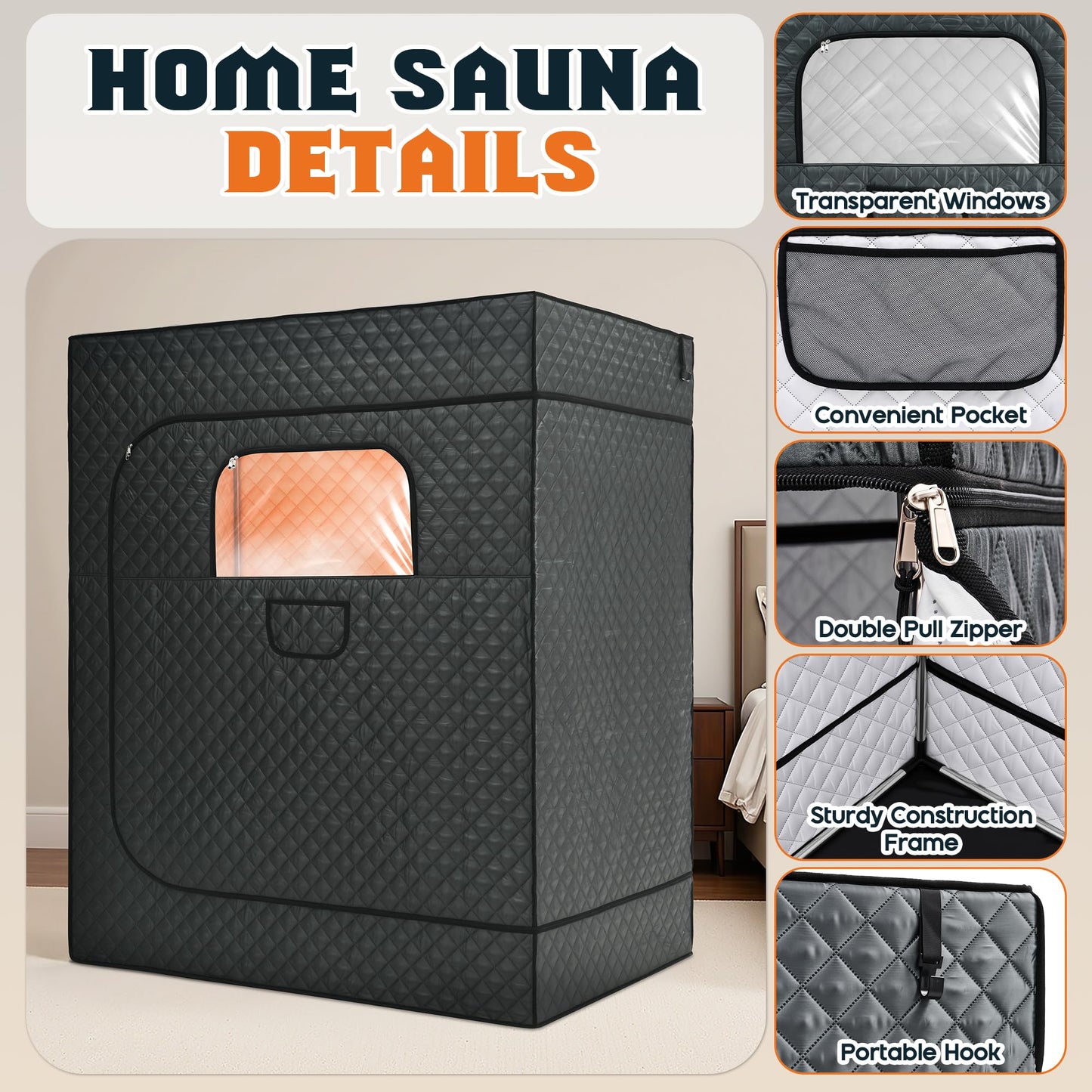 Albott 2 Person Steam Sauna for Home, Portable Sauna Tent with 3L 1500W Steamer, Extra Large Size 4.9’ x 3.3’ x 5.9’ Full Body Home Spa, Remote Control, Folding Chair, Grey