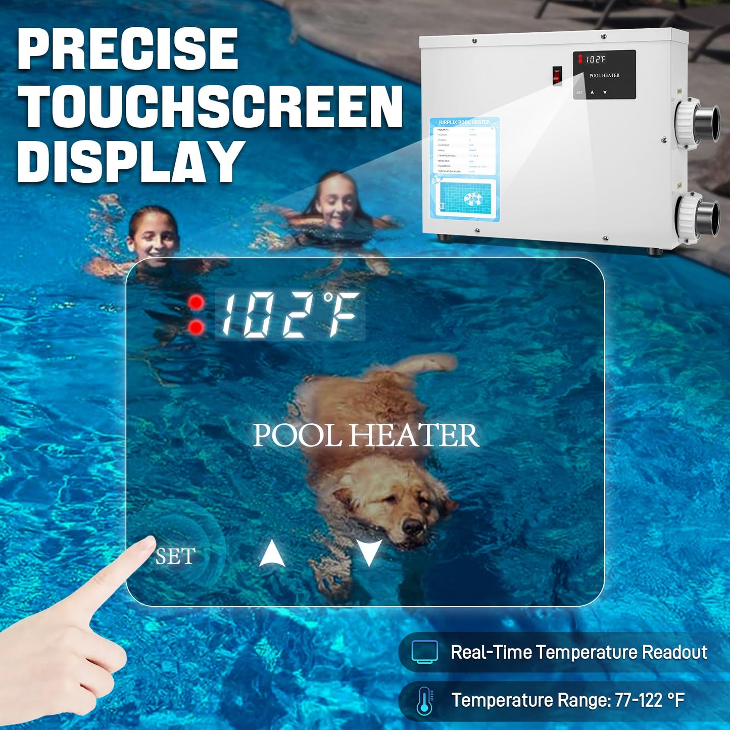 JURPLIX 5.5KW 220V 25A Electric Pool Heater for Swimming Pool, Hot Tub & Spa Heater with Digital Touch Screen Thermostat, Efficient Water Warmer, Above Inground Pool & Ground Pool