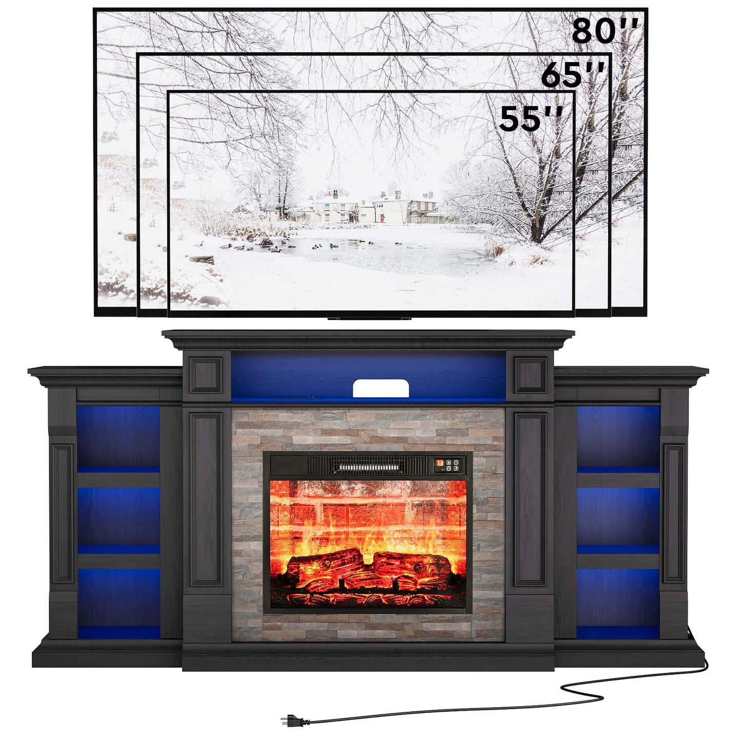 72'' Fireplace TV Stand with Outlet & LED, Electric Fireplace with Mantel, Entertainment Center with Storage, 23'' Fireplace Heater Insert with 3D Flame Effect for Living Room, Black