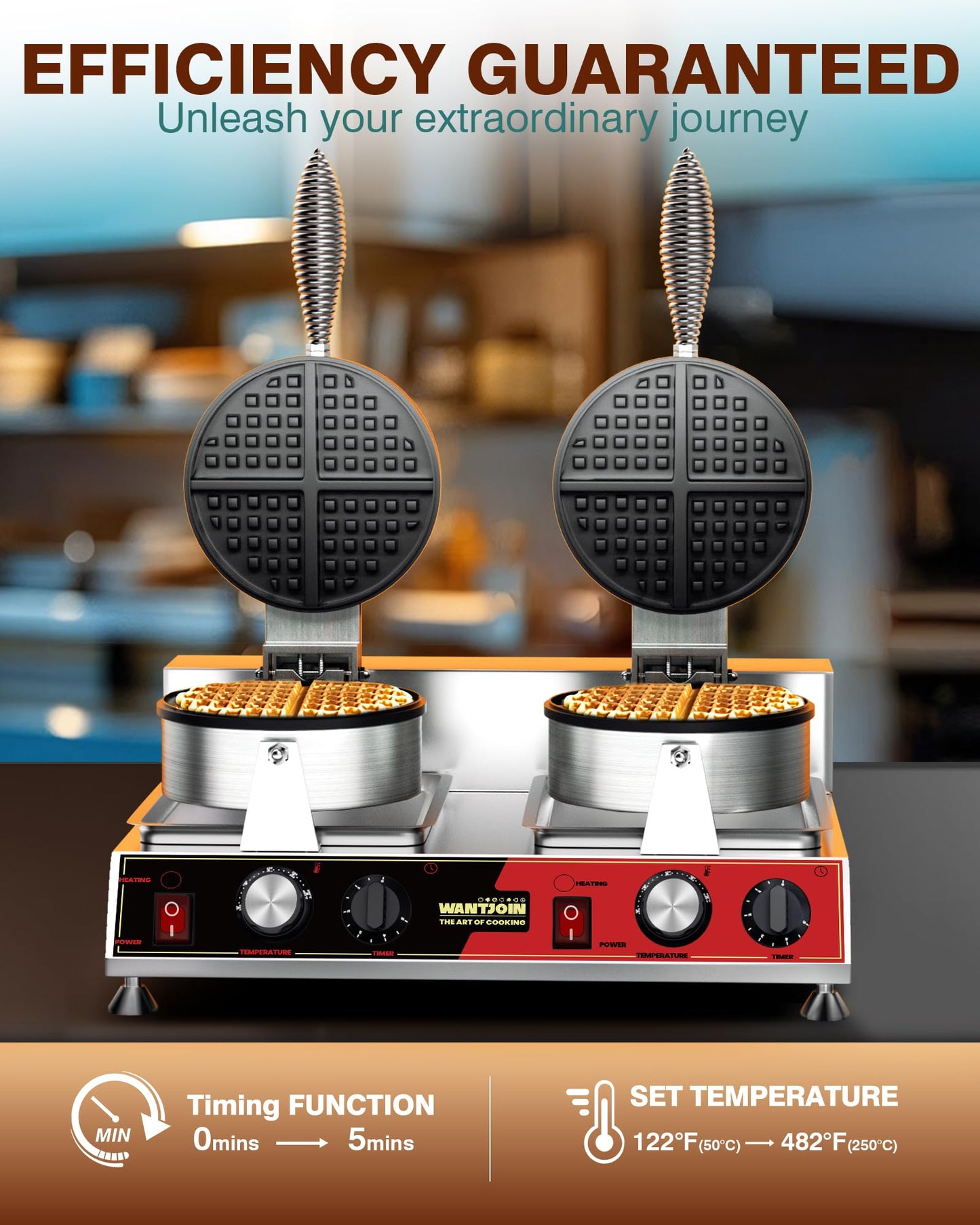 WantJoin Commercial Waffle Maker – Double-Head 360° Heating Waffle Irons, 122°F–482°F, Easy Operation, Non-Stick Plates & Stainless Steel Body, Ideal for Dessert Shops, Catering, 2500W