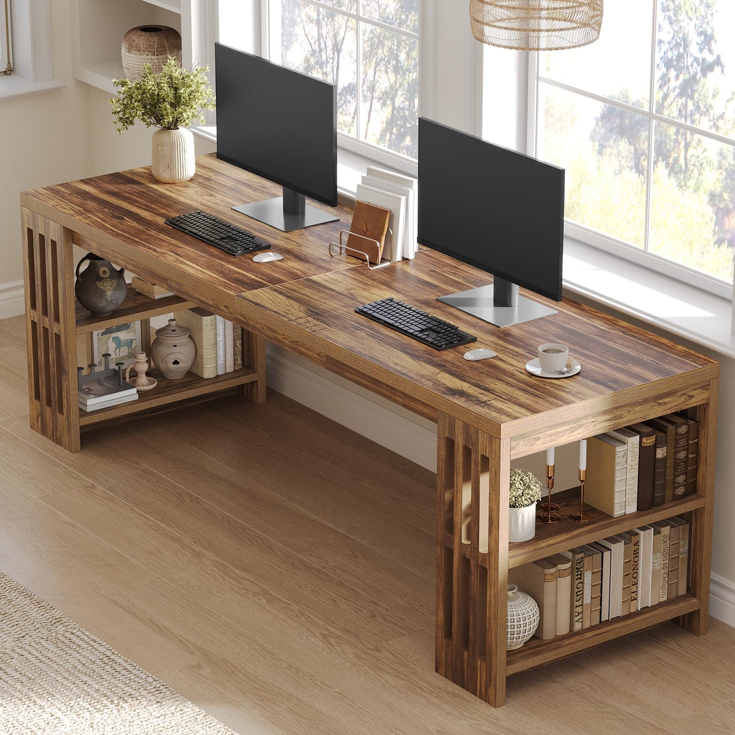 LITTLE TREE 78.7" Long Desk, 2 Person Desk with Shelves, Large Wooden Computer Desk, Heavy Duty Shelf Legs Design for Two Person Home Office, Business, Workstation, Brown (78.7" W x 23.6" D)