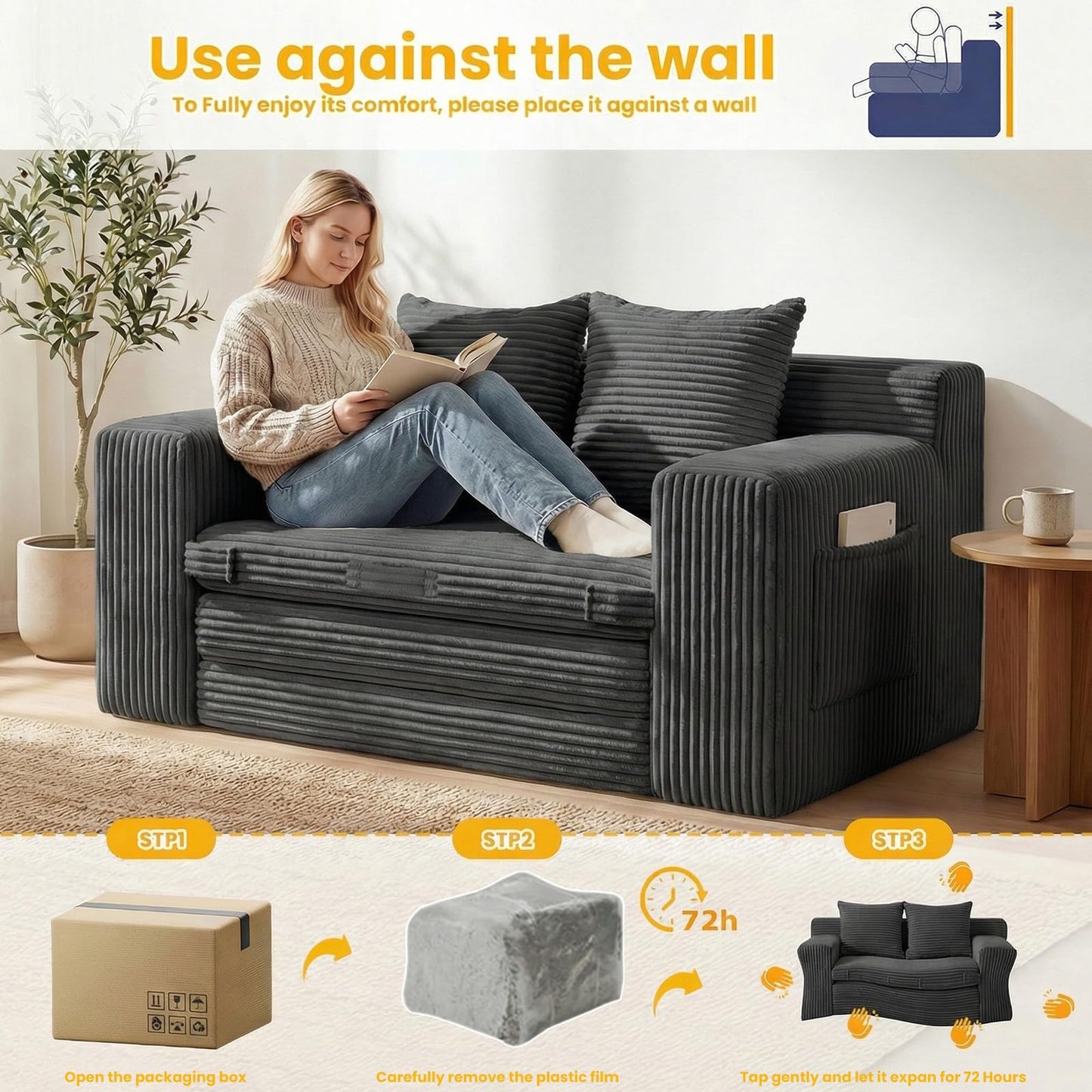 Boneless Loveseat Sleeper Sofa Bed: 3-in-1 Convertible Sofa Bed with Side Pockets & Handle,Pull Out Couch with 2 Pillows,Folding Futon for Small Space,Living Room & Bedroom,Corduroy Fabric,No Assembly