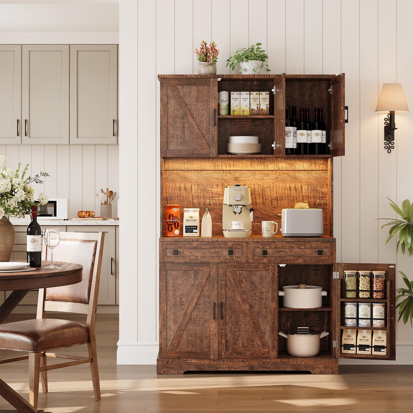 ELYKEN 71" Tall Ktchen Pantry Cabinet with Charging Station & LED Lights, Farmhouse Kitchen Hutch Cabinet with Large Countertop for Dining Room Living Room, Brown