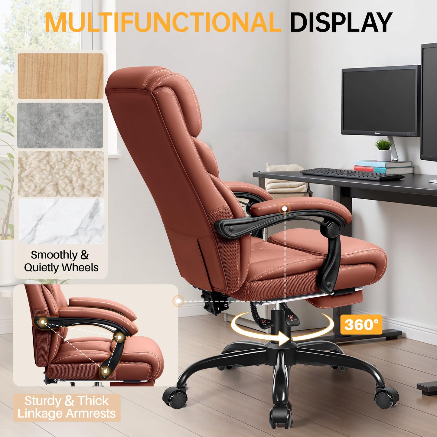 HeroSet Office Chair, Executive Big and Tall Leather Desk Chairs with Footrest, Ergonomic Breathable Computer Chair with Adjustable High Back, Lumbar Support Swivel PC Chairs with Rocking Function
