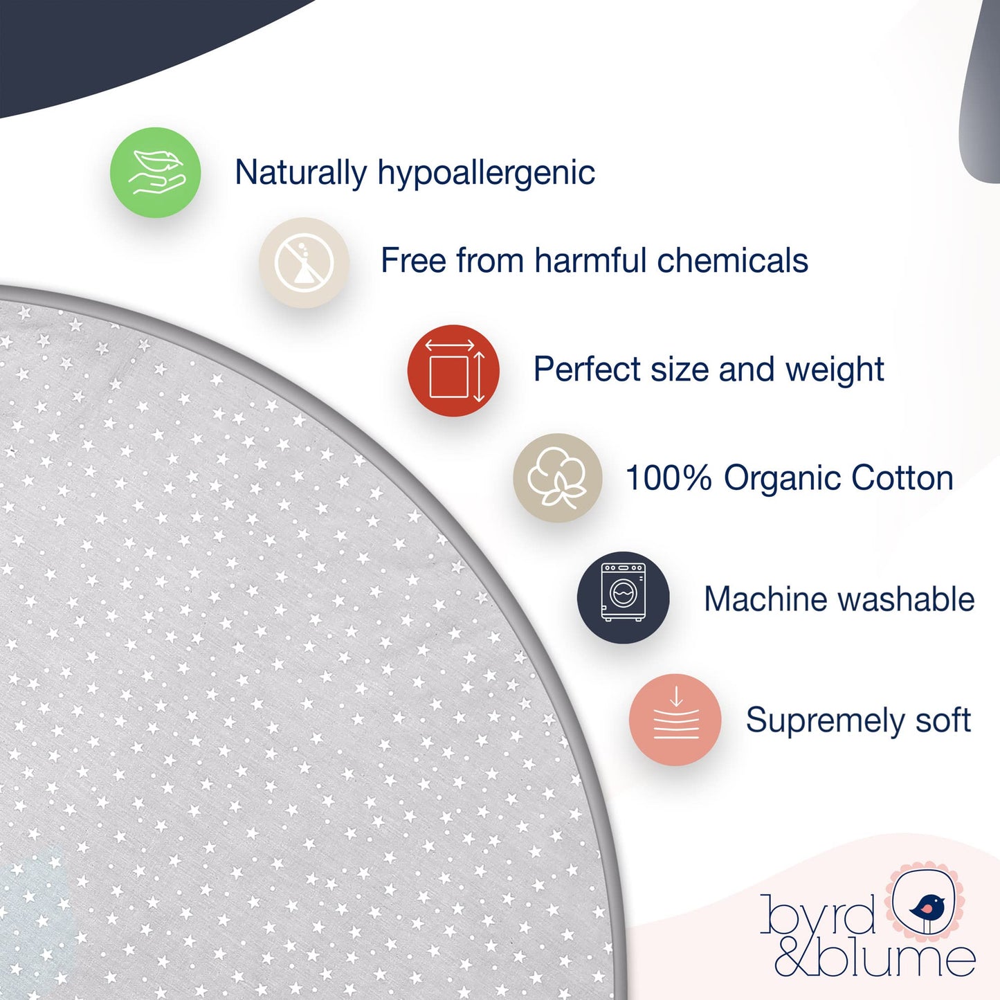 Byrd & Blume Round Baby Play Mat, Organic Cotton Soft Padded Nursery Floor Mat, Safe Hypoallergenic Baby Mat, Reversible, Foldable, Portable Infant Tummy Time Mat Fits Tents & Playpens (40"x40") Gray