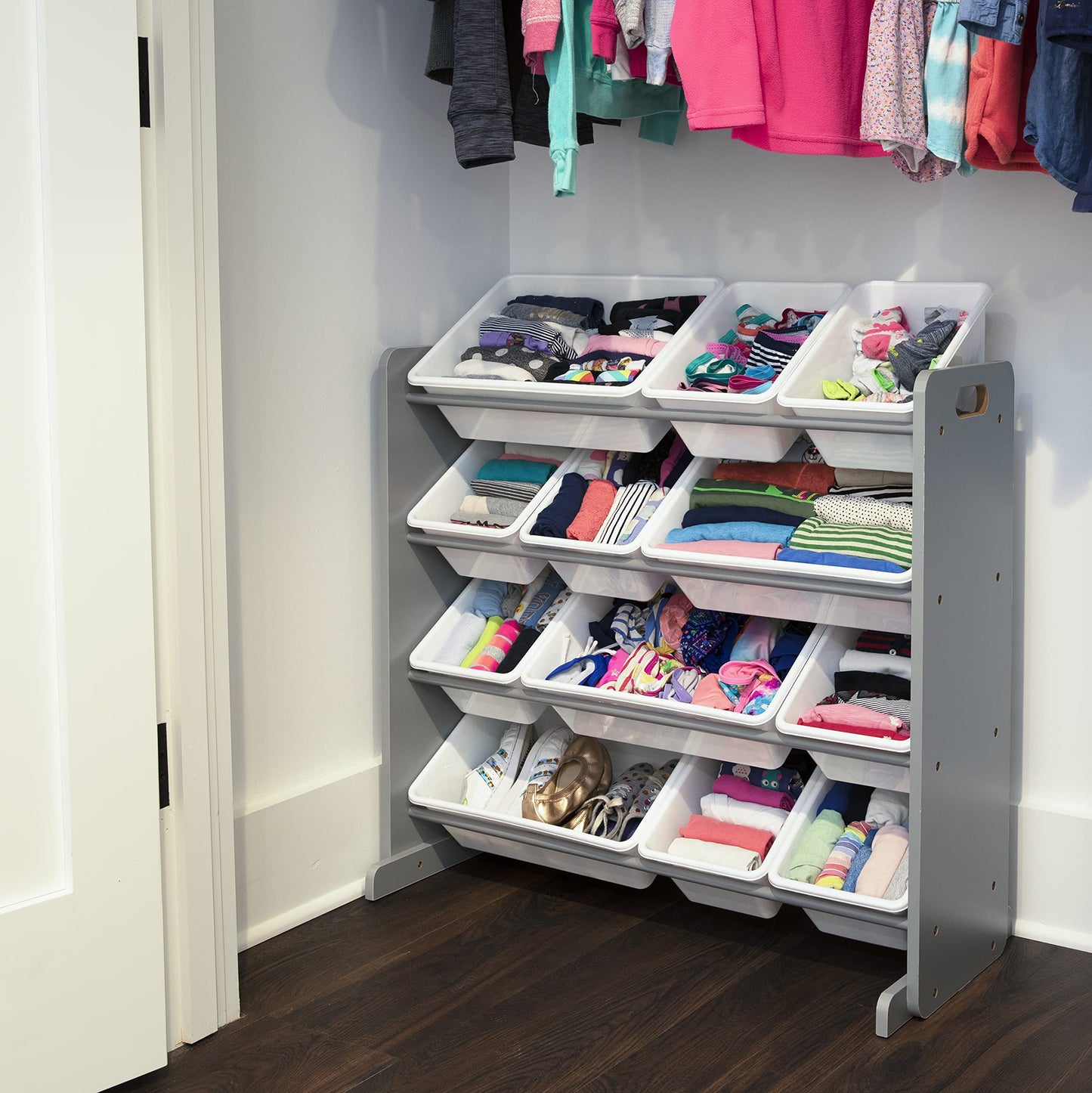 Humble Crew Toy Storage Organizer with 12 Removable Storage Bins for Kids Playroom, 4-Tier Toddler Toy Organization, Grey/White