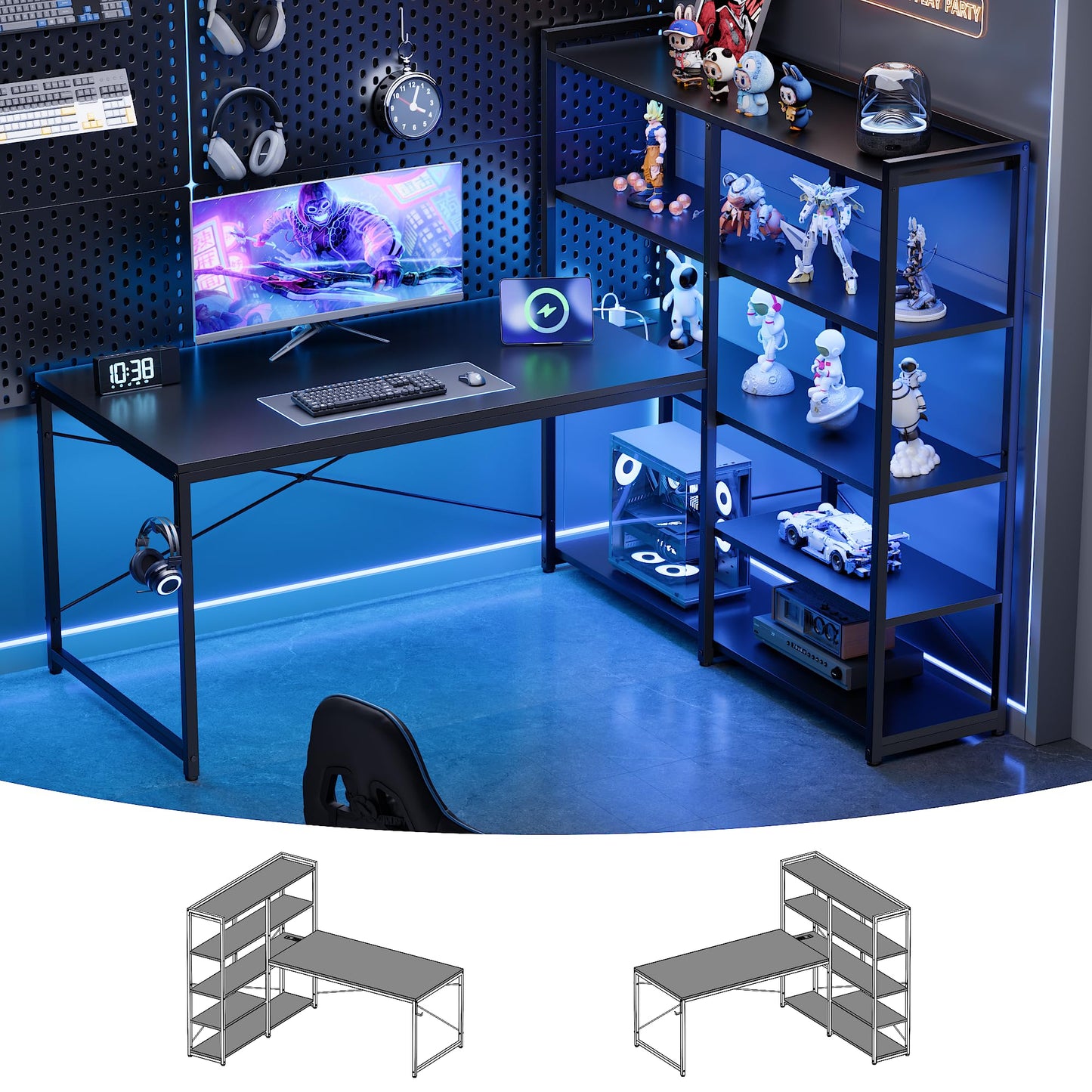 Pamray L Shaped Computer Desk with Reversible Side Storage Shelves, 49 Inch Gaming Desk with Power Outlets and Led Lights, PC Table for Home Office and Bedroom Black