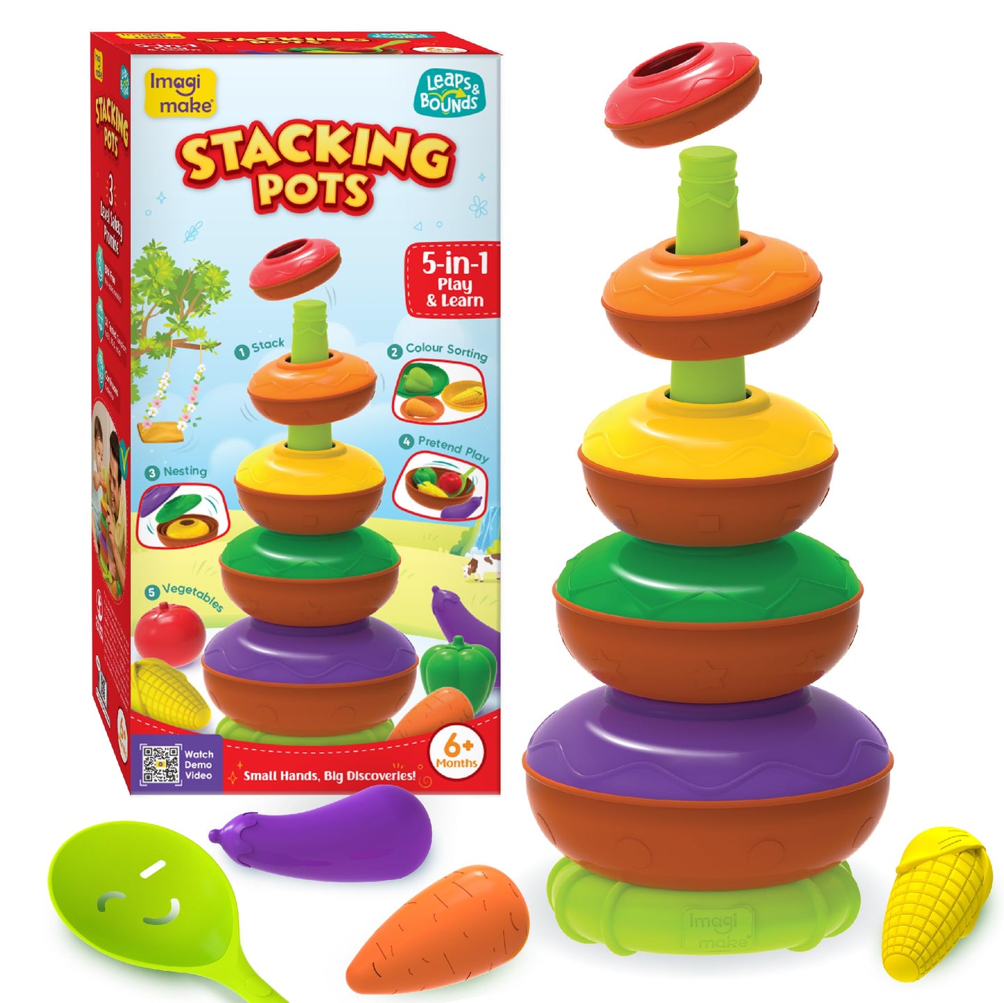 Imagimake Stacking Pots Toys | Leaps & Bounds 6+ Month Old Baby Toy | Learning Toy for Infant & Toddler | 5-in-1 Play & Learn | Stacking, Nesting, Pretend Play | First Birthday Gifts for Girls & Boys