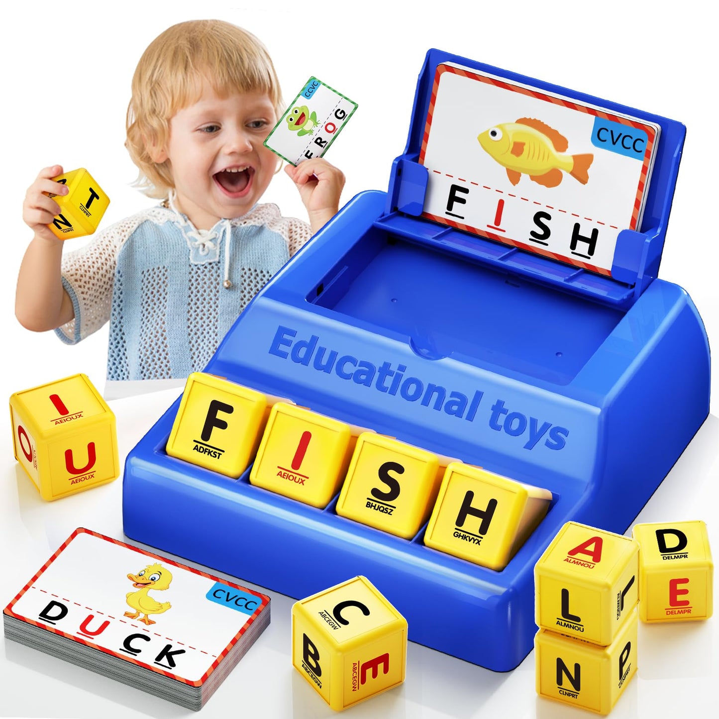Montessori Matching Letter Game for Kids Ages 3-8 | Educational Learning Spelling Toys with Storage Function | Christmas Birthday Gifts for 3 4 5 6 Year Old Boys & Girls | Larger Blue (50% Bigger)