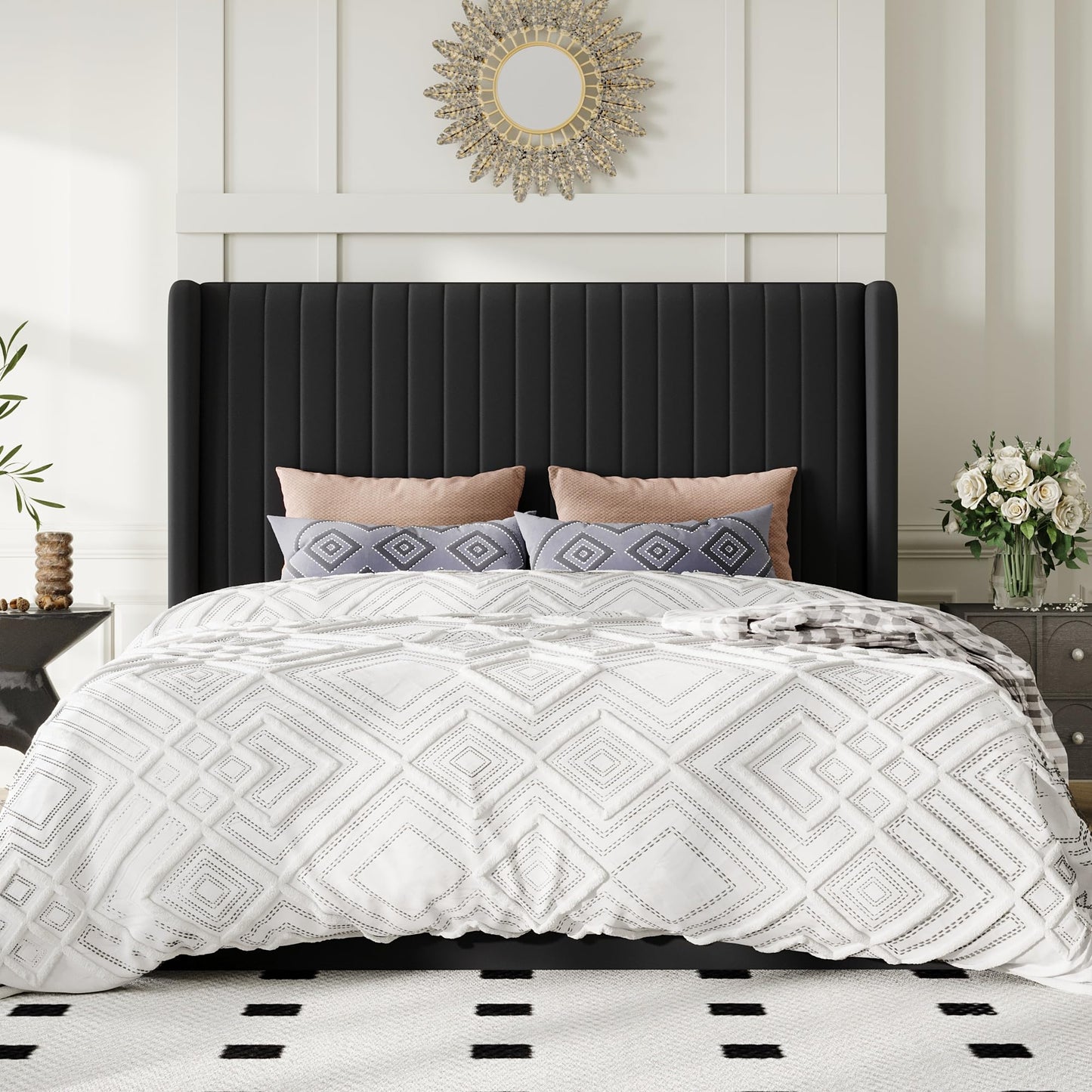 Allewie Queen Size Lift Up Storage Bed Frame, Hydraulic Support System, Upholstered Platform Bed Frame, Underneath Storage, Vertical Channel Tufted Headboard with Wingback, No Box Spring Needed, Black