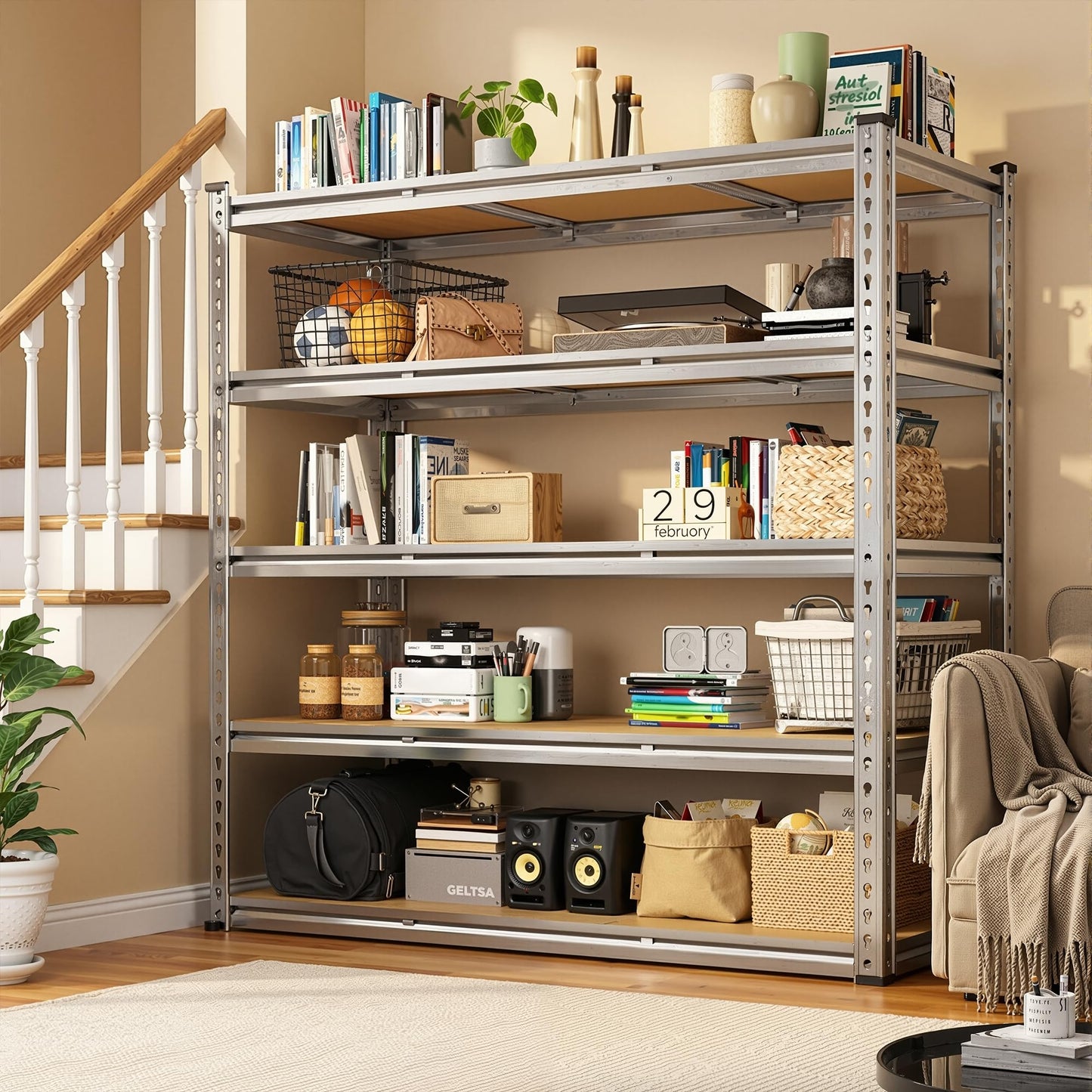 Snhomee Garage Shelving Load 3100LBS, 5-Tier Storage Shelves, Adjustable Garage Shelves, Shelving Units and Storage, Metal Shelf for Kitchen, Pantry, Warehouse, 48" W x 71.9" H x 24.1" D, Galvanized