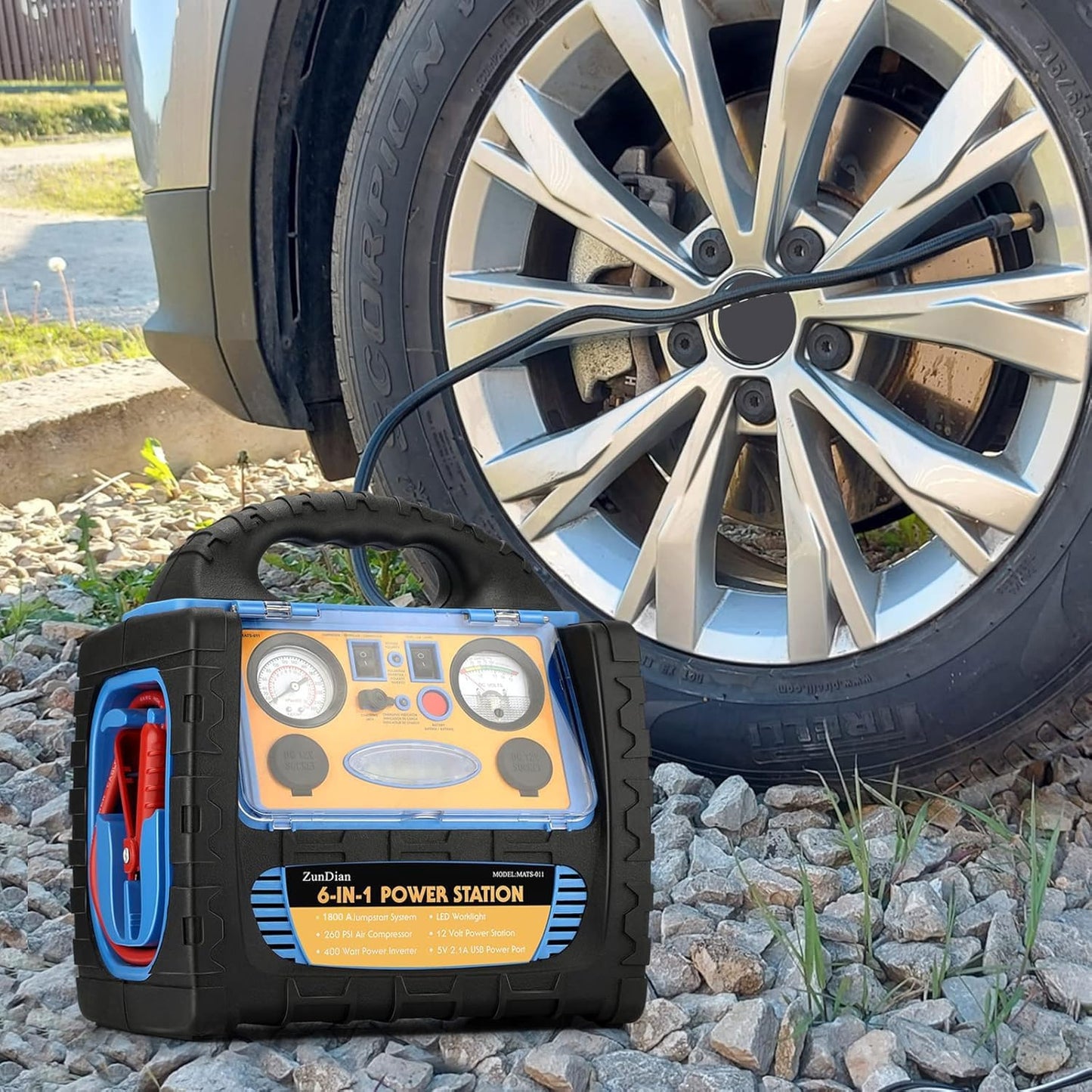 Car Jump Starter with Air Compressor, 1800A Battery Jumper Starter Portable with 260 PSI Tire Inflator, 12V Jump Box Heavy-Duty Clamps Jump Pack 400W Inverter Power with AC/DC/USB Outlets