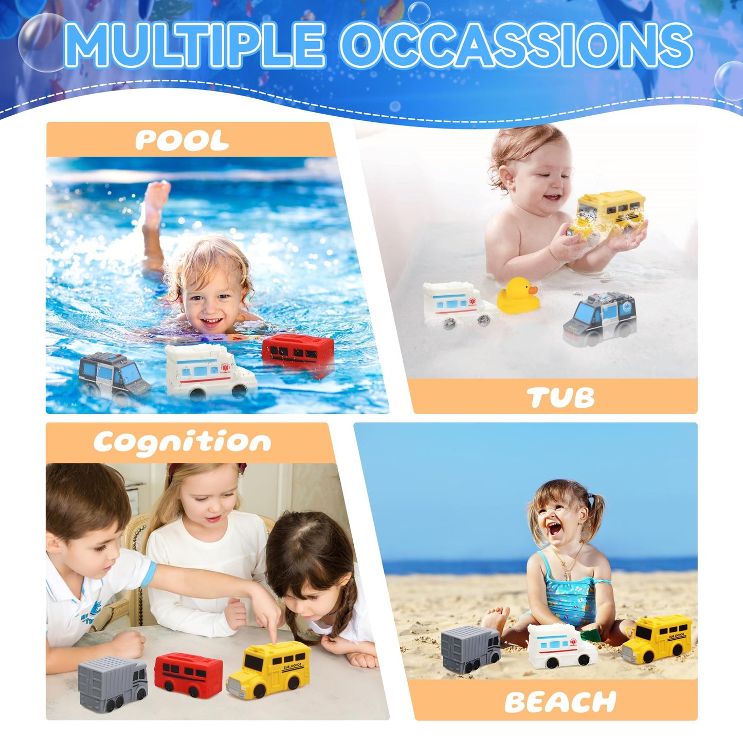 Mold Free Bath Toys with Mesh Storage Organizer, 6 Packs No Hole Baby & Toddler Bathtub Toys: Water Floating Vehicles Truck School Bus Car Toys, Sealed Soft Silicone Rubber Bath Toys for Kids Ages 0+